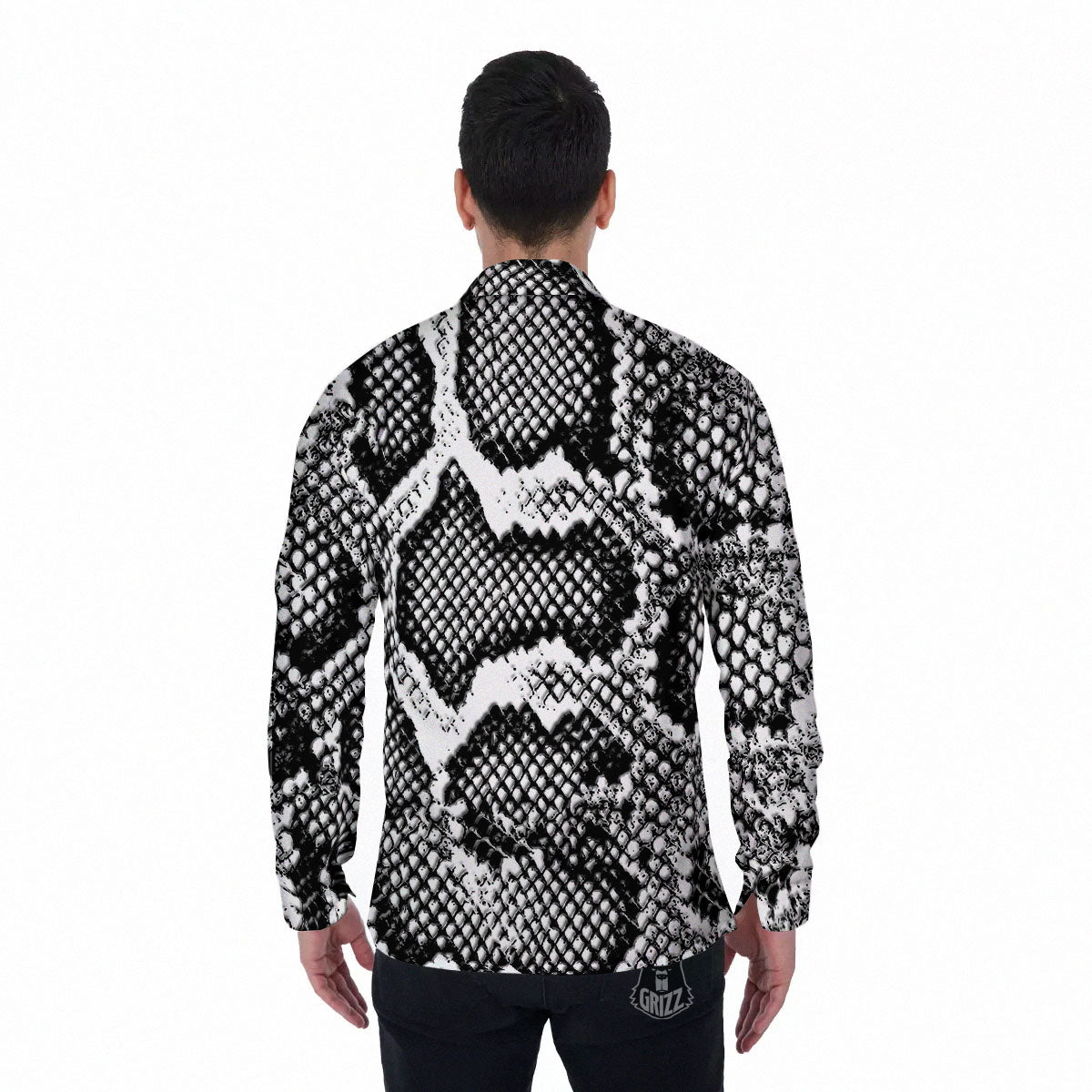 Snakeskin Black And Grey Print Men's Long Sleeve Shirts-grizzshop