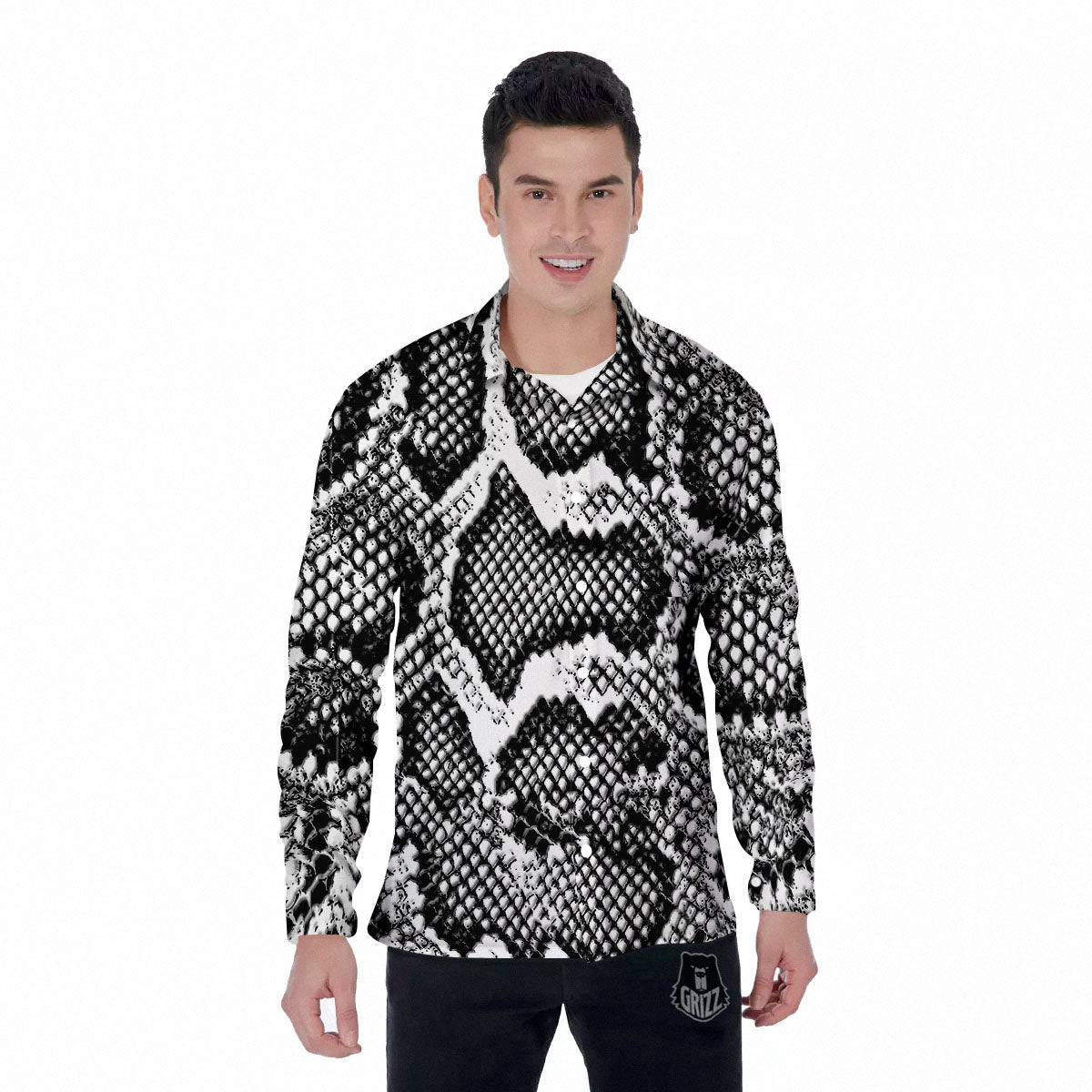 Snakeskin Black And Grey Print Men's Long Sleeve Shirts-grizzshop