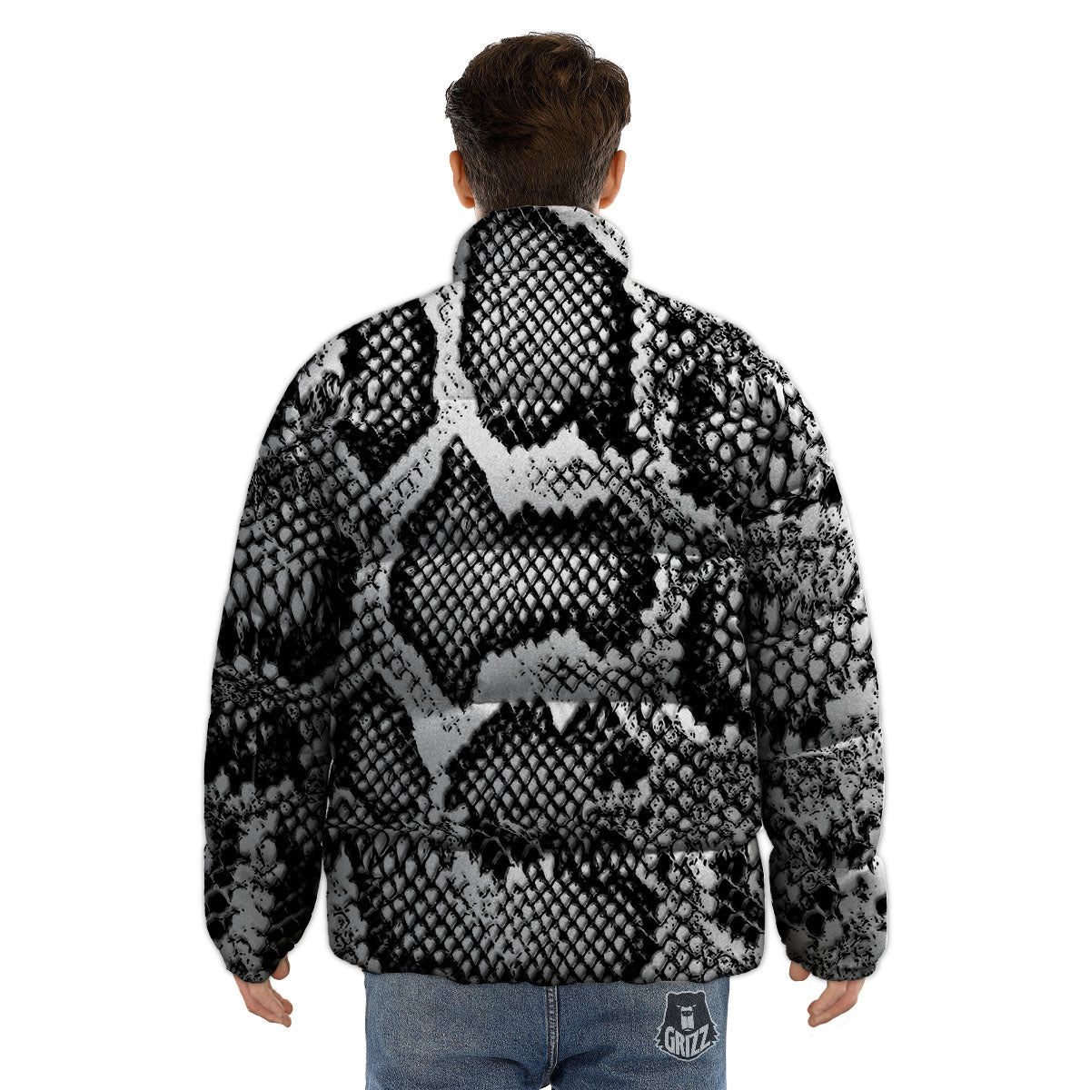 Snakeskin Black And Grey Print Puffer Jacket-grizzshop
