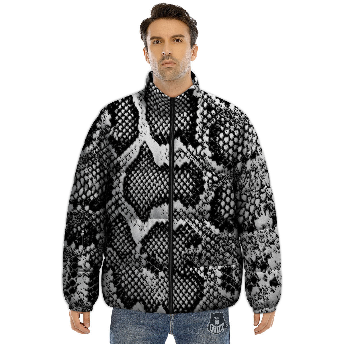 Snakeskin Black And Grey Print Puffer Jacket-grizzshop