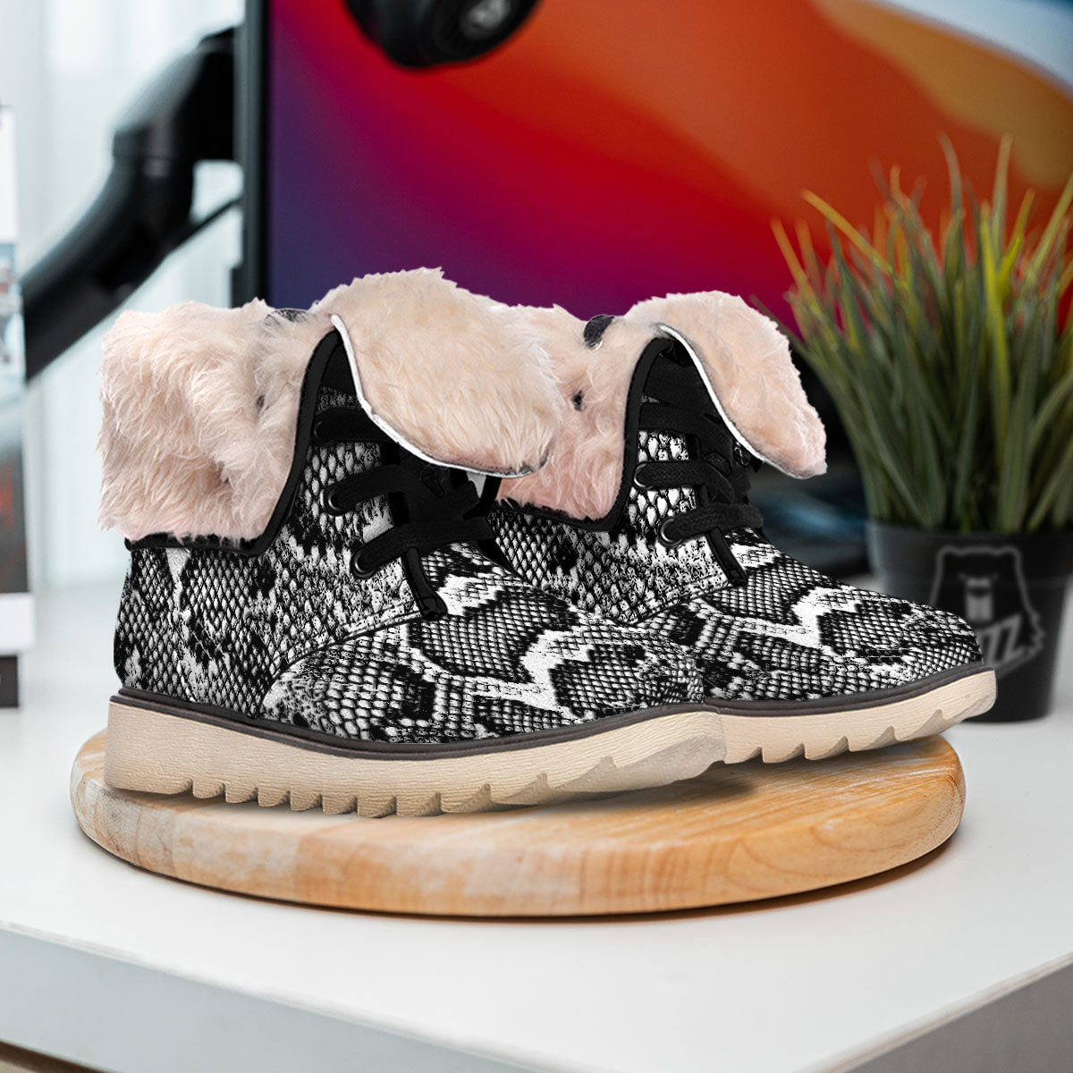 Snakeskin Black And Grey Print Snow Boots-grizzshop