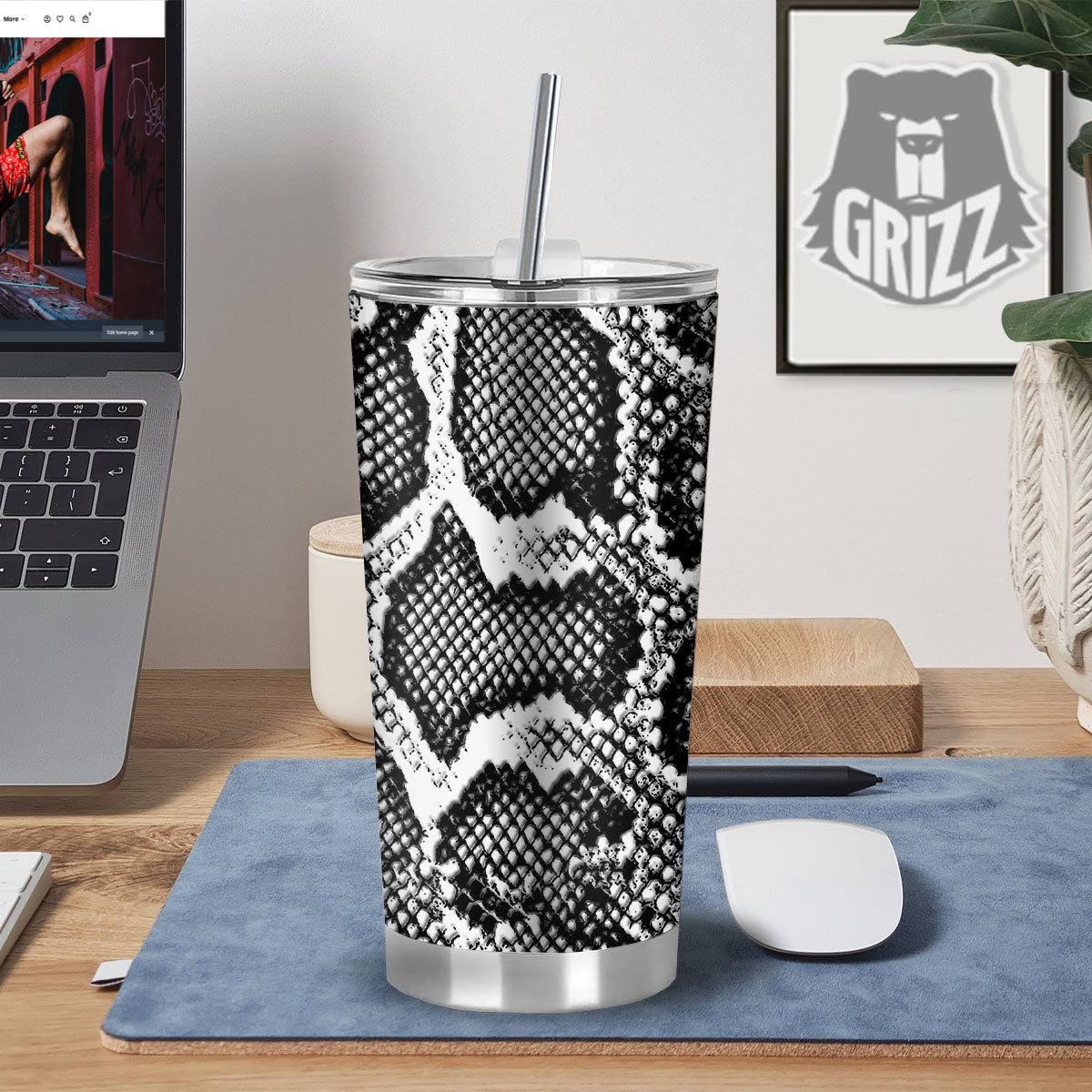 Snakeskin Black And Grey Print Tumbler-grizzshop