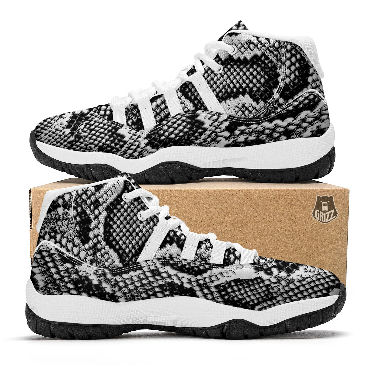 Snakeskin Black And Grey Print White Bball Shoes-grizzshop