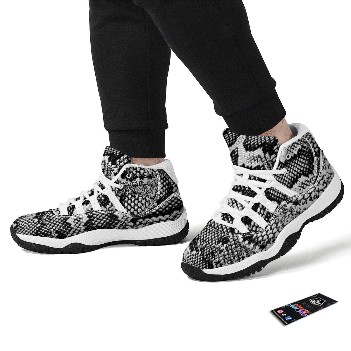 Snakeskin Black And Grey Print White Bball Shoes-grizzshop