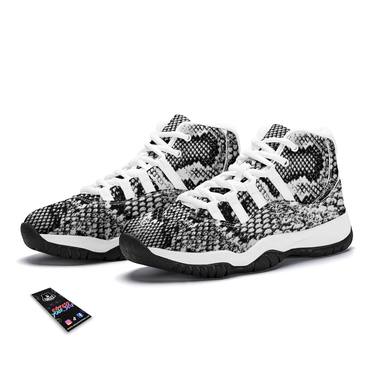 Snakeskin Black And Grey Print White Bball Shoes-grizzshop