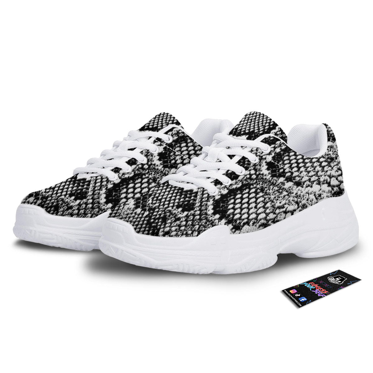 Snakeskin Black And Grey Print White Chunky Shoes-grizzshop