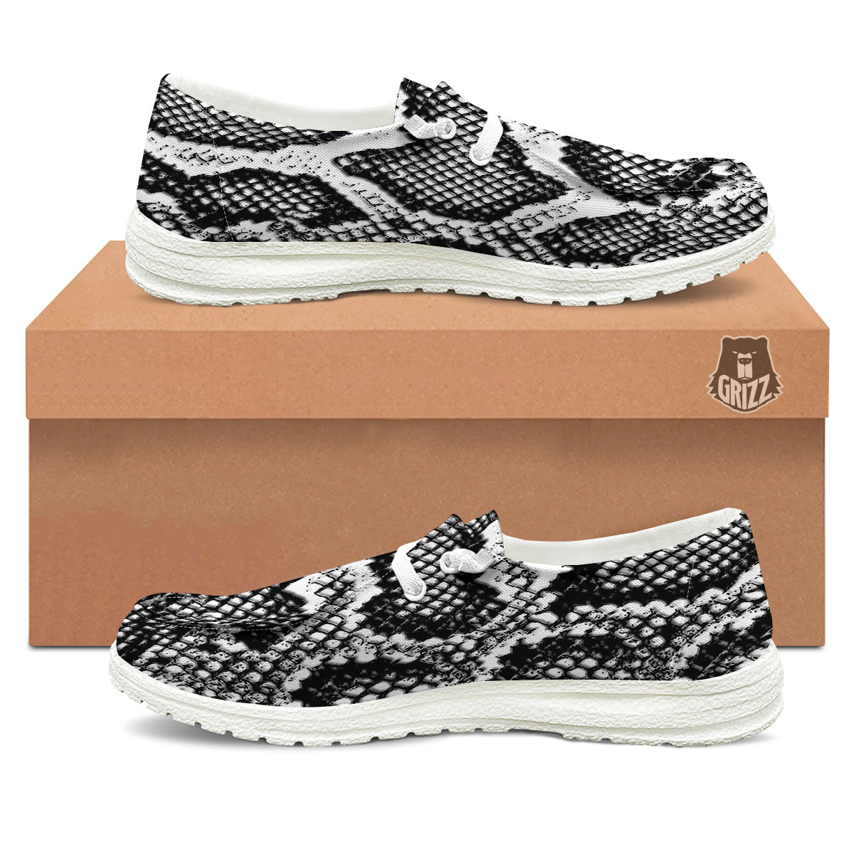 Snakeskin Black And Grey Print White Loafers-grizzshop