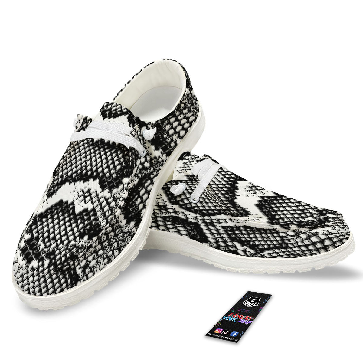 Snakeskin Black And Grey Print White Loafers-grizzshop