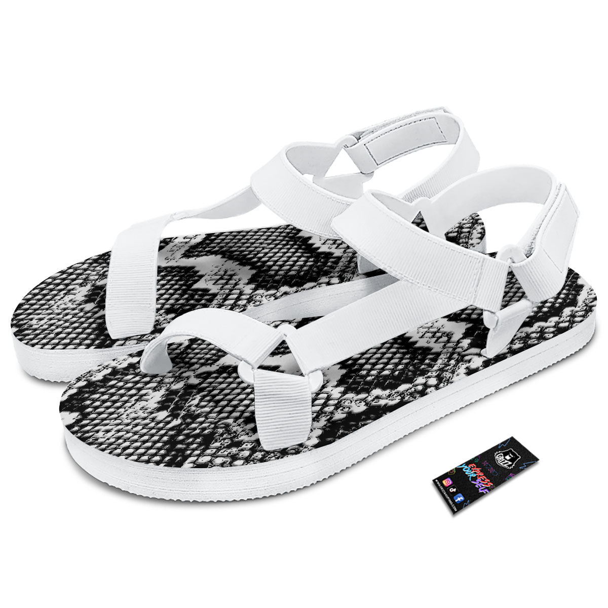 Snakeskin Black And Grey Print White Open Toe Sandals-grizzshop