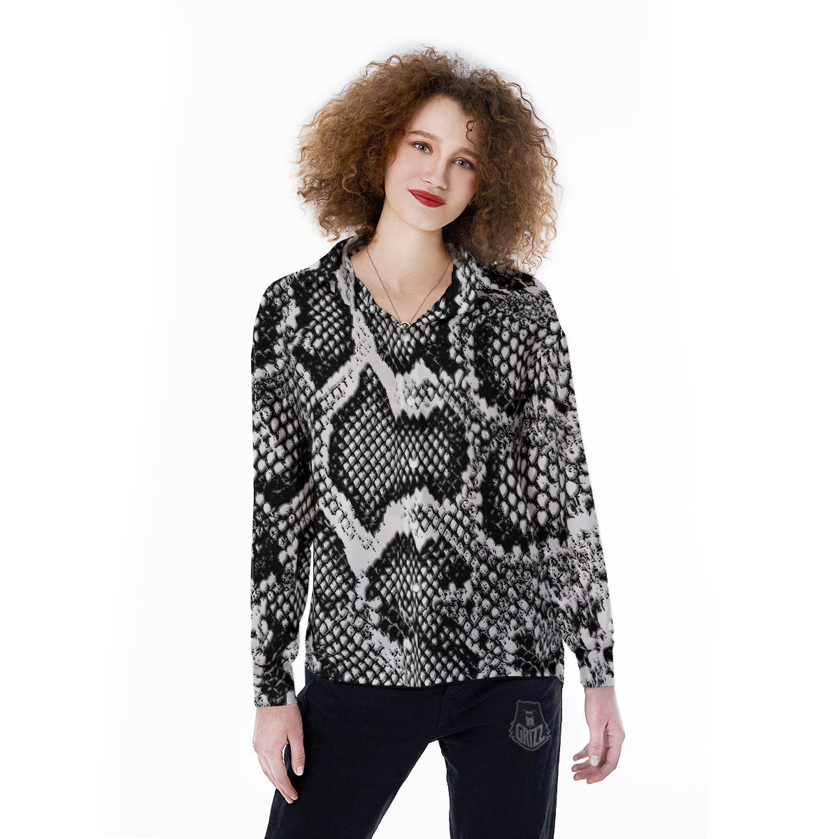 Snakeskin Black And Grey Print Women's Long Sleeve Shirts-grizzshop