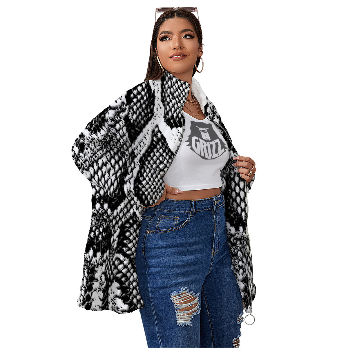 Snakeskin Black And Grey Print Women's Sherpa Jacket-grizzshop