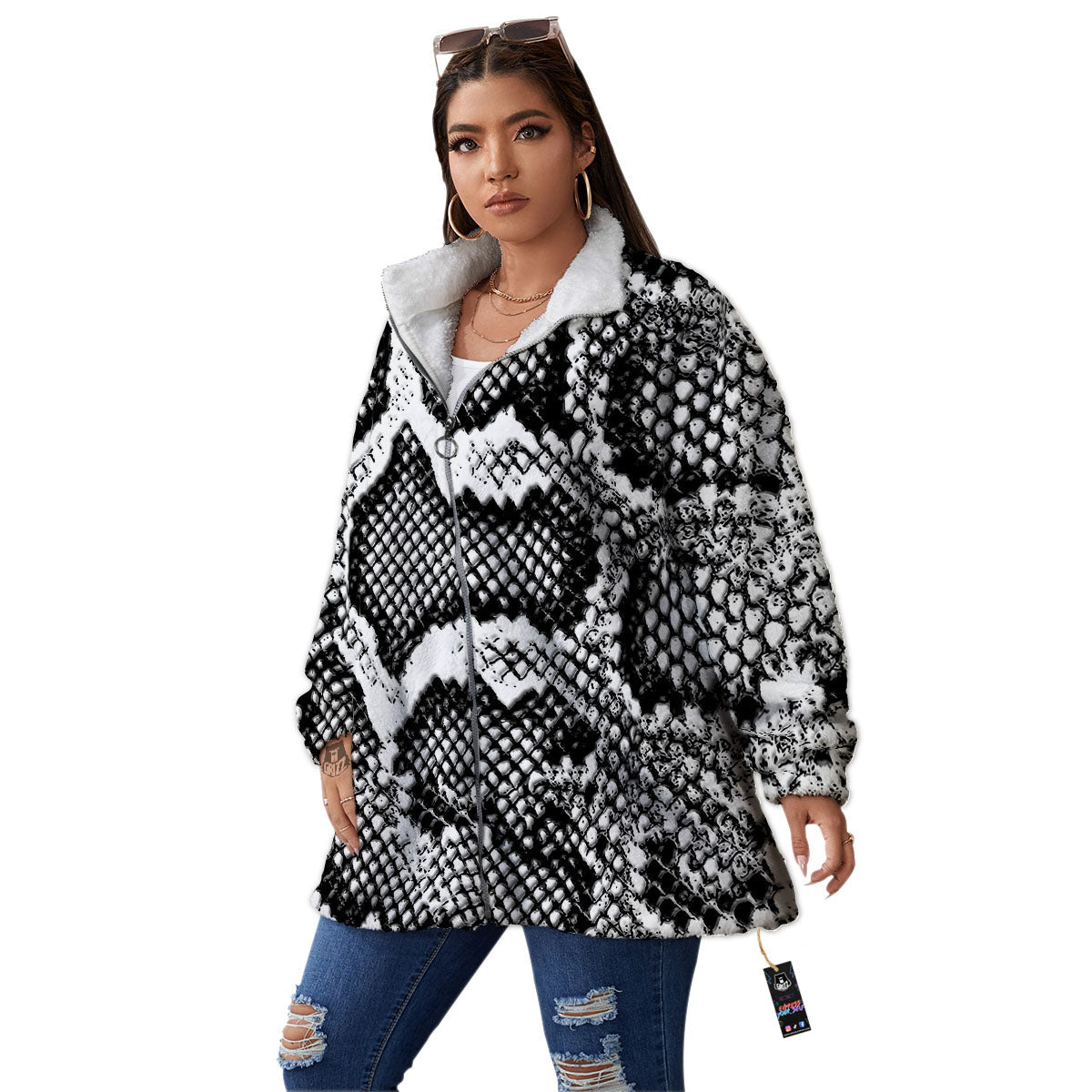 Snakeskin Black And Grey Print Women's Sherpa Jacket-grizzshop
