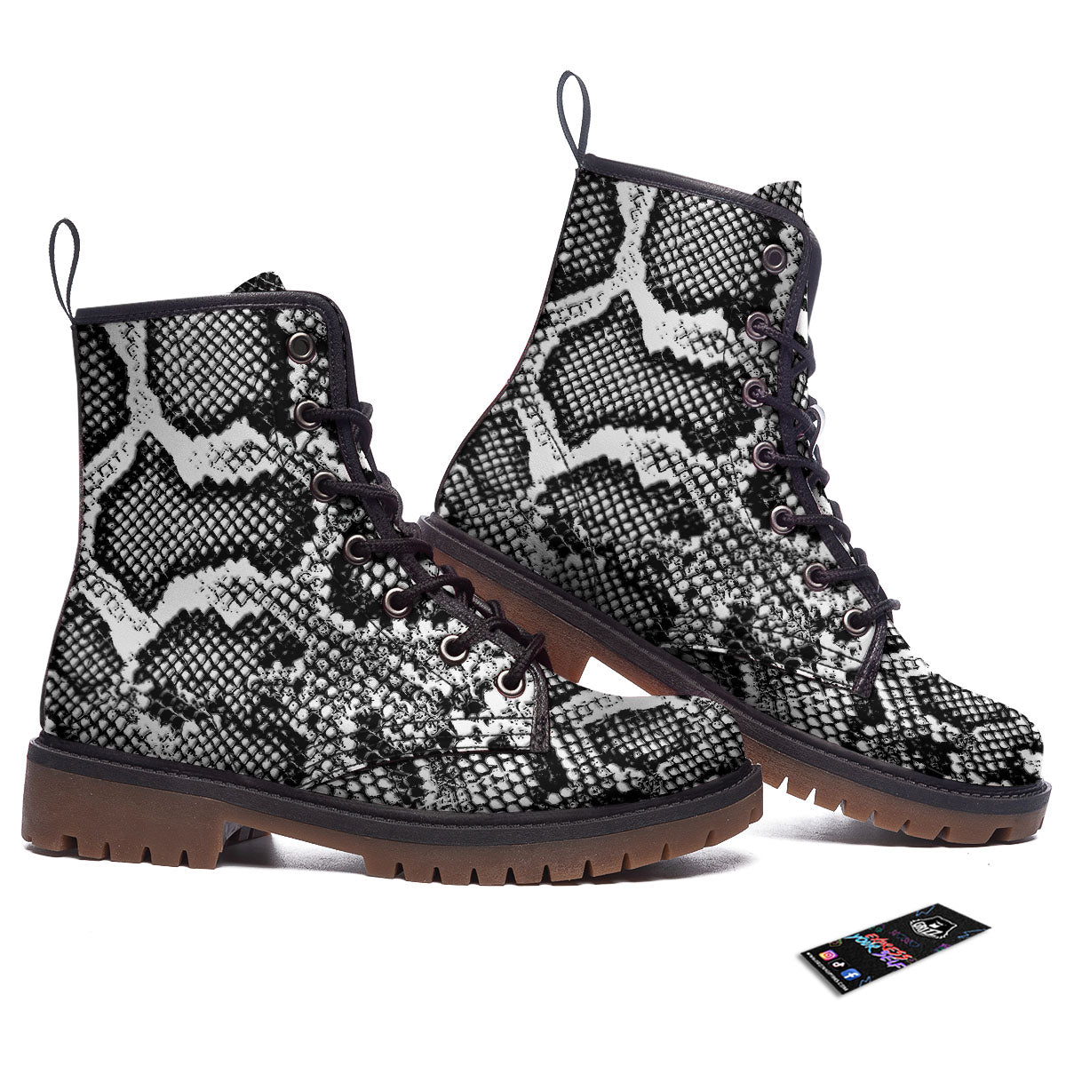 Snakeskin Black And Grey Print Work Boots-grizzshop