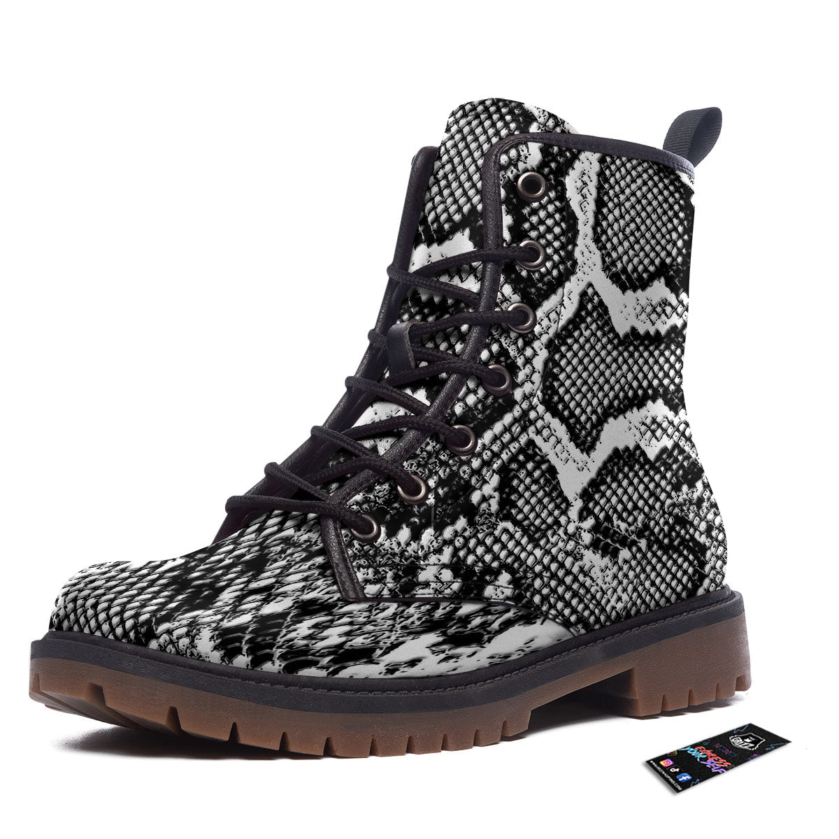 Snakeskin Black And Grey Print Work Boots-grizzshop