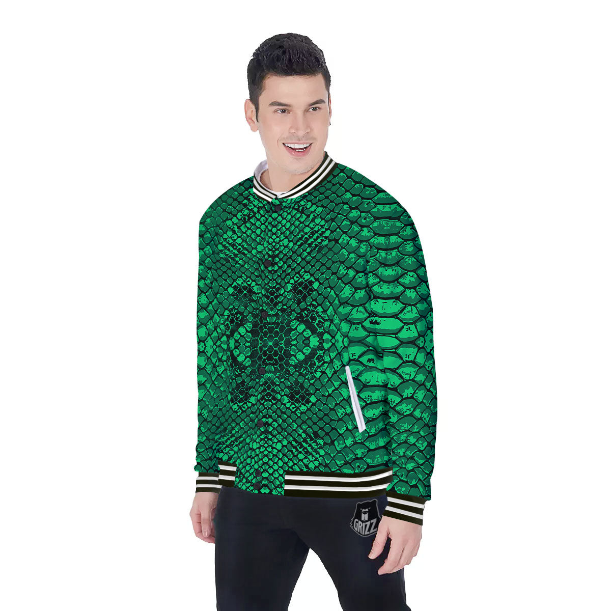 Snakeskin Black And Lime Green Print Baseball Jacket-grizzshop