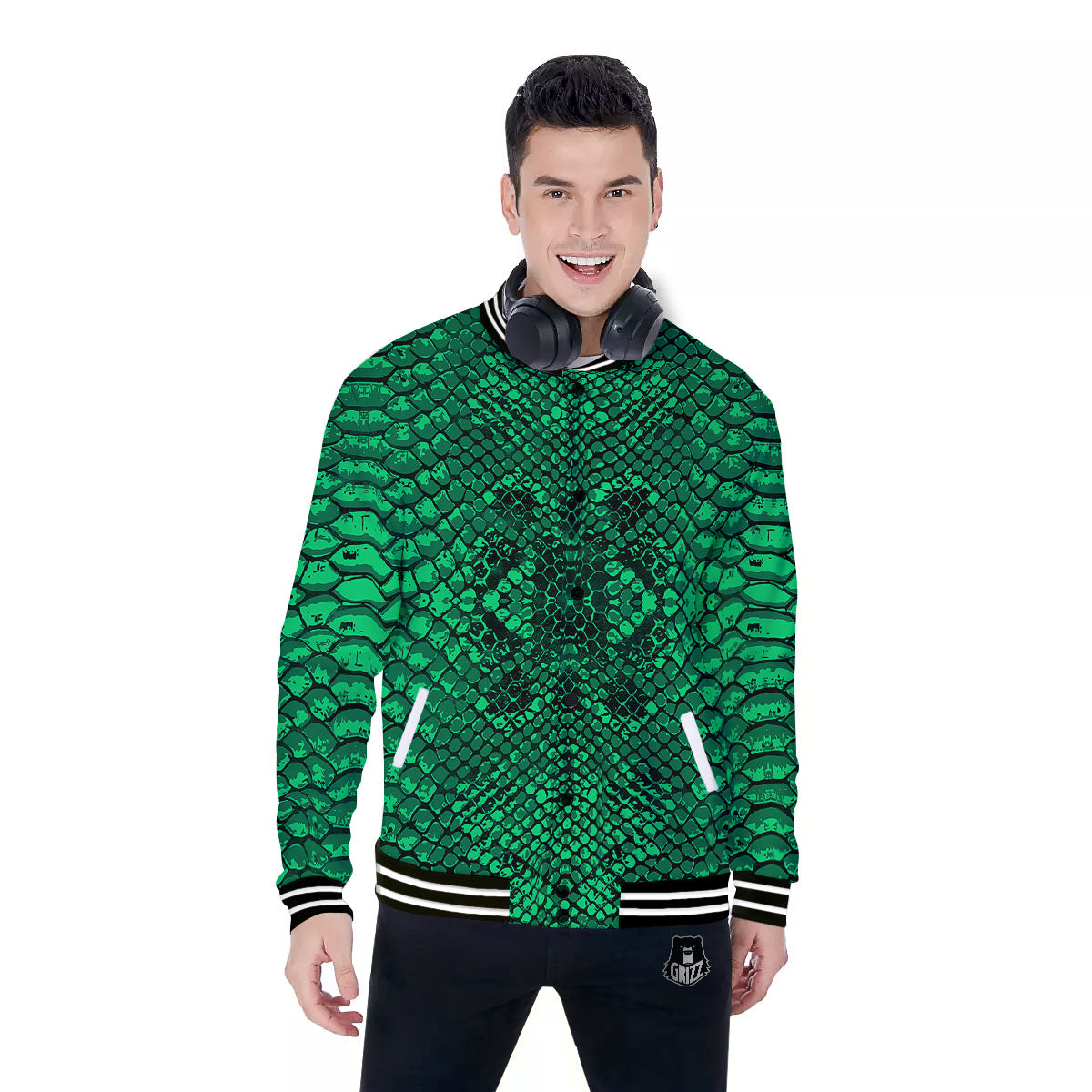 Snakeskin Black And Lime Green Print Baseball Jacket-grizzshop