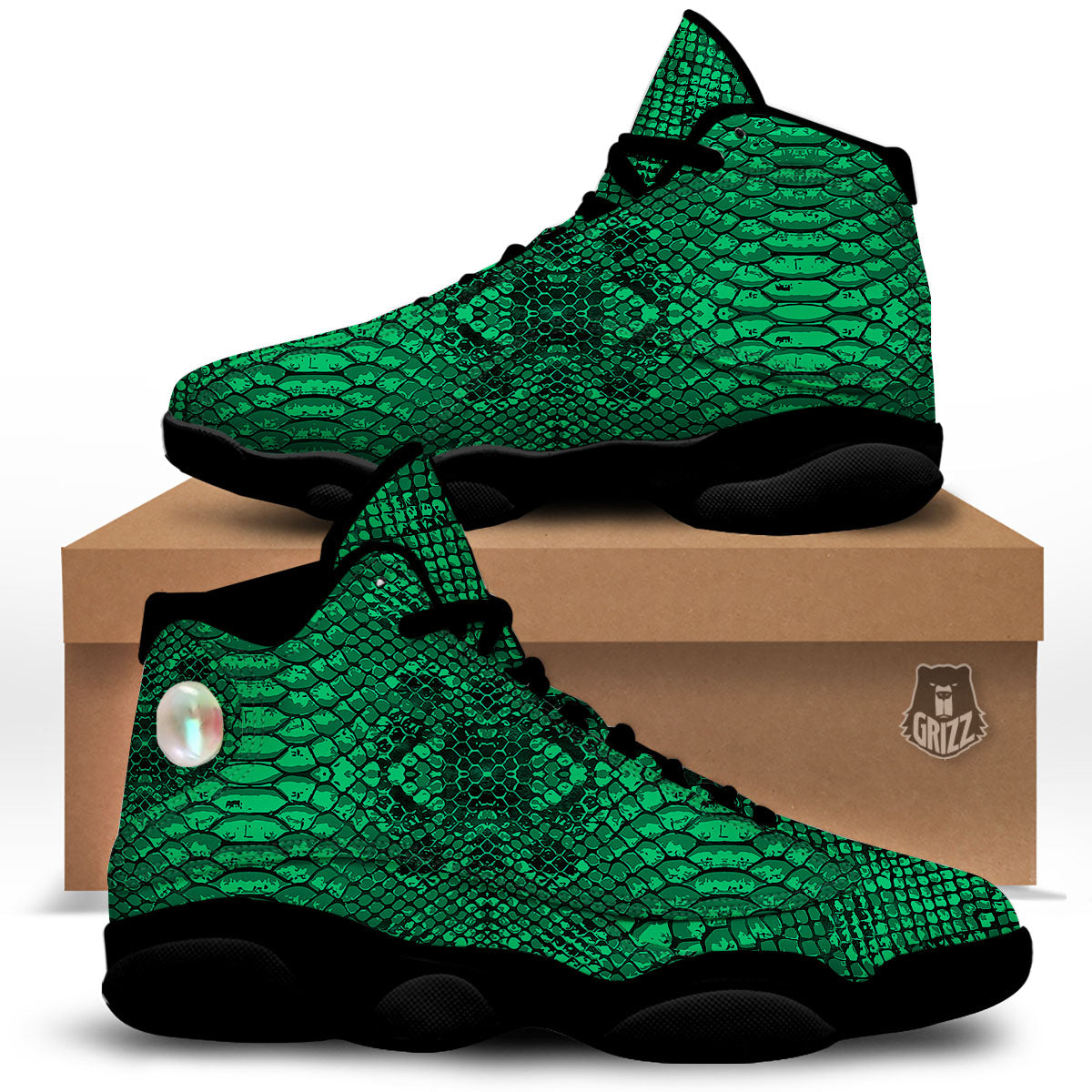 Snakeskin Black And Lime Green Print Black Basketball Shoes-grizzshop