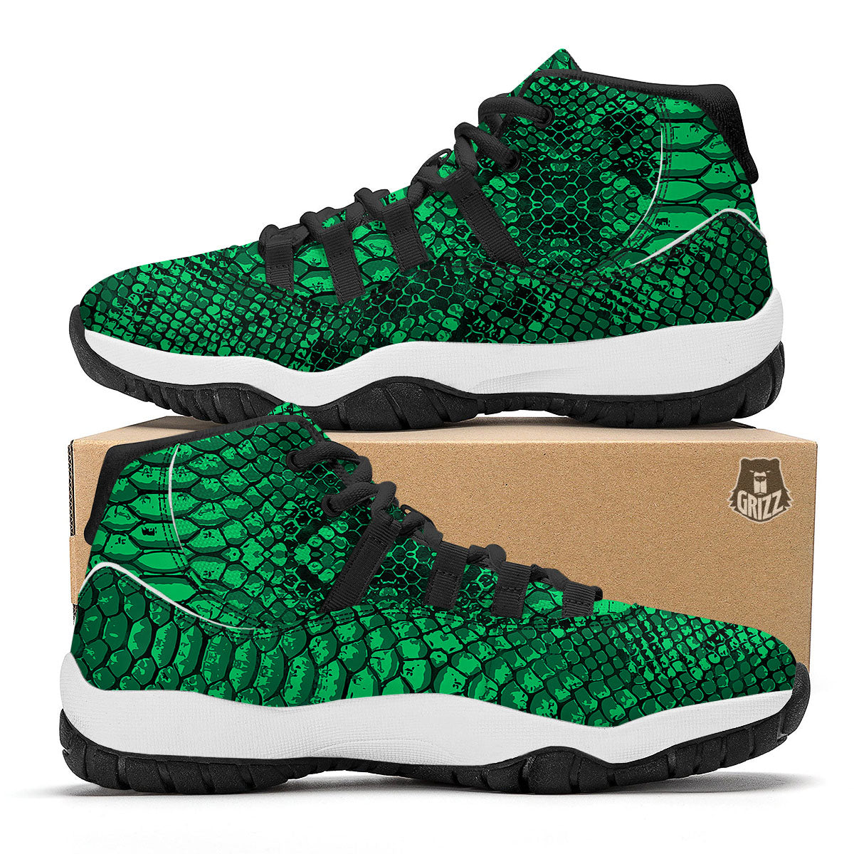 Snakeskin Black And Lime Green Print Black Bball Shoes-grizzshop