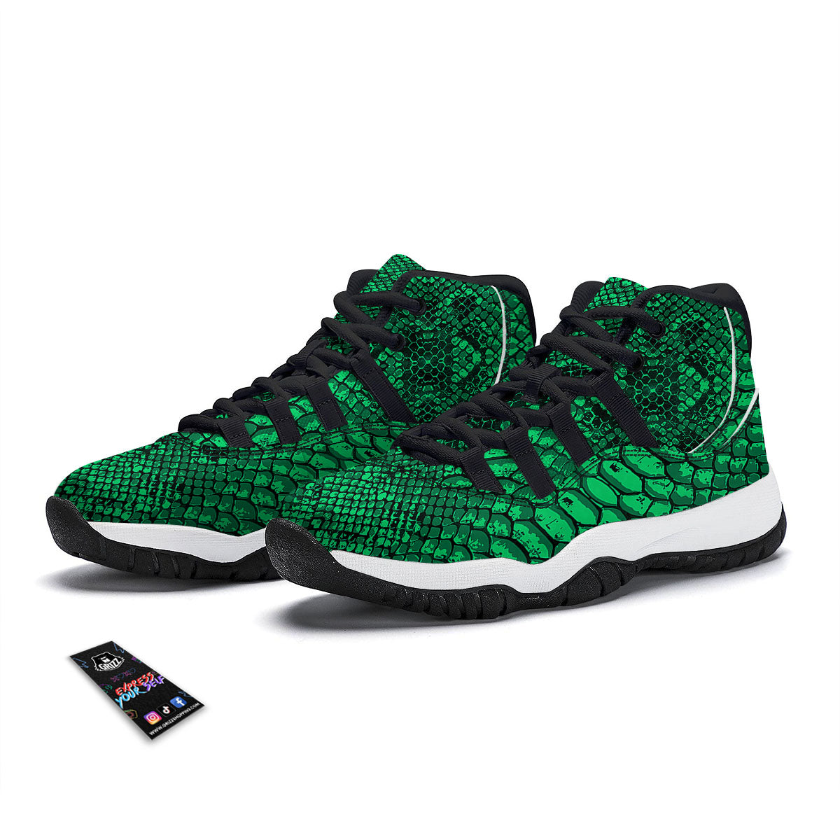 Snakeskin Black And Lime Green Print Black Bball Shoes-grizzshop