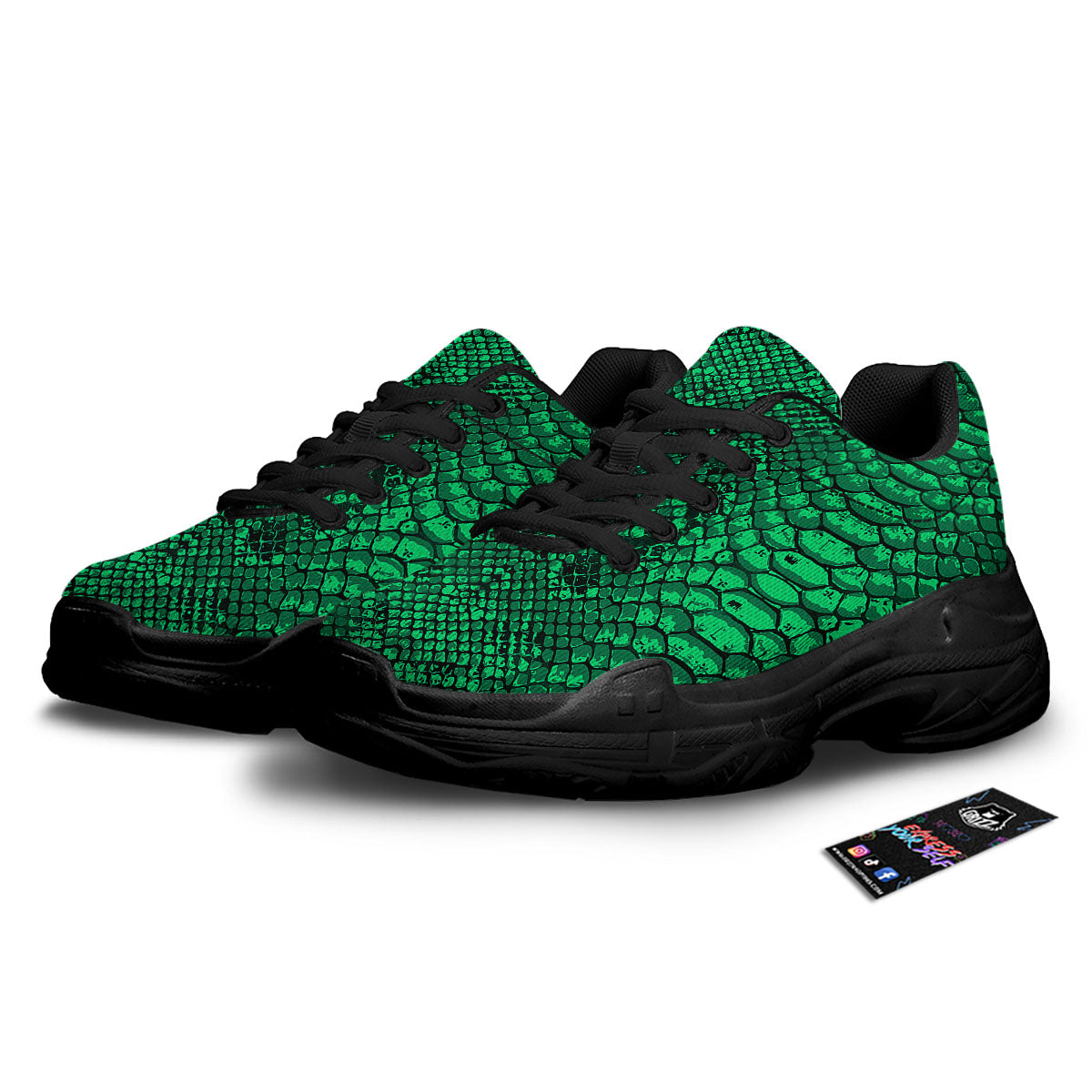 Snakeskin Black And Lime Green Print Black Chunky Shoes-grizzshop