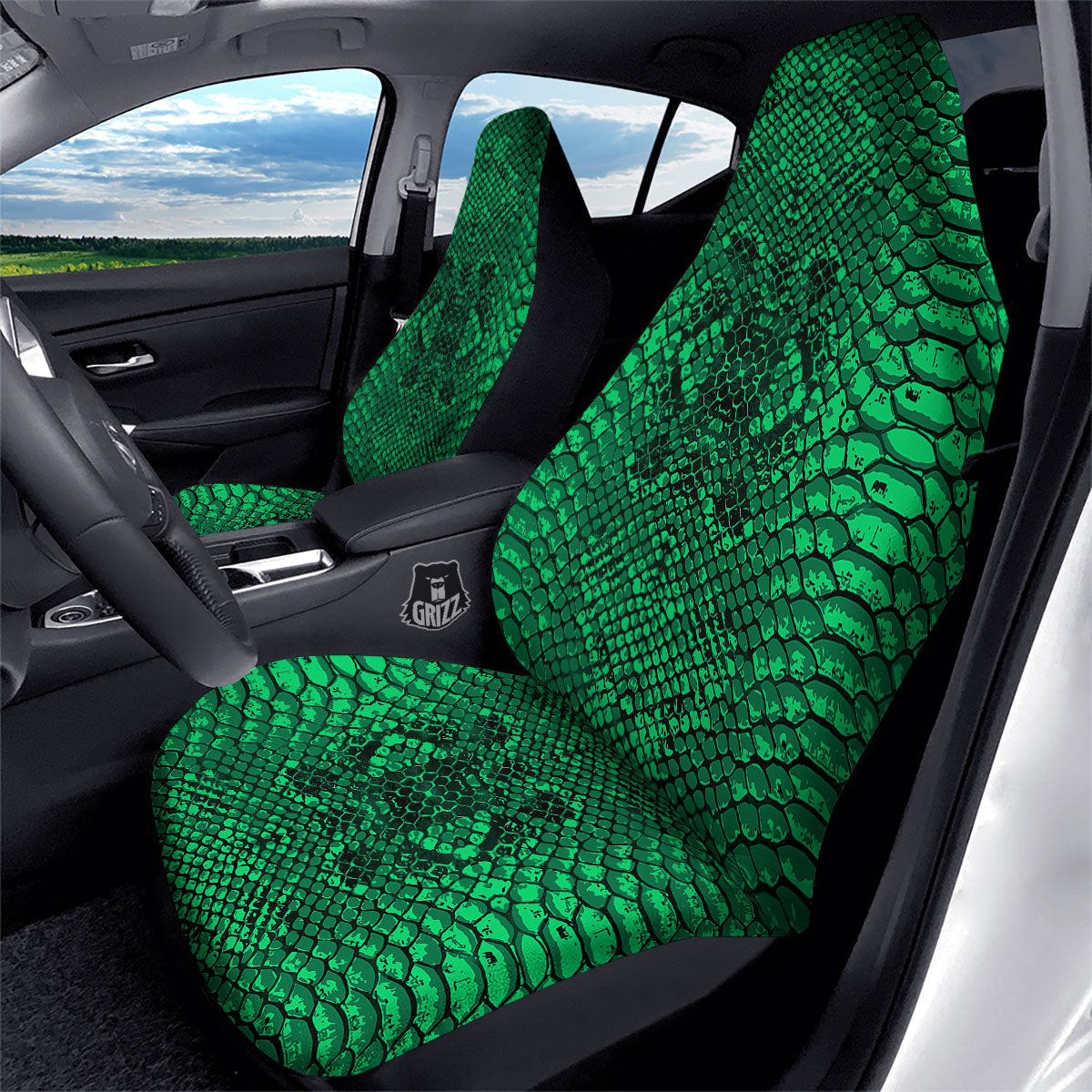 Snakeskin Black And Lime Green Print Car Seat Covers-grizzshop