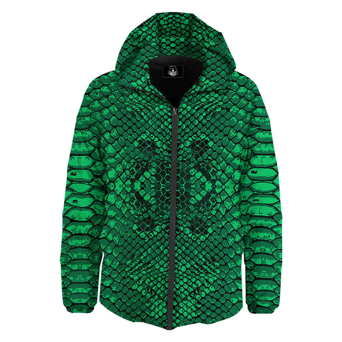 Snakeskin Black And Lime Green Print Down Jacket-grizzshop