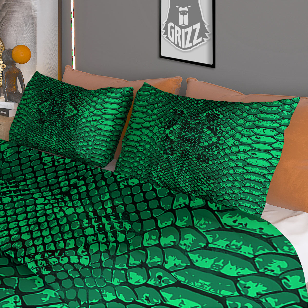 Snakeskin Black And Lime Green Print Duvet Cover Bedding Set