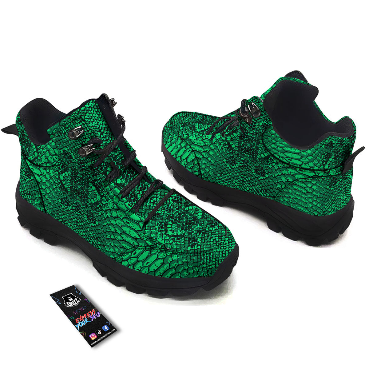Snakeskin Black And Lime Green Print Hiking Shoes-grizzshop