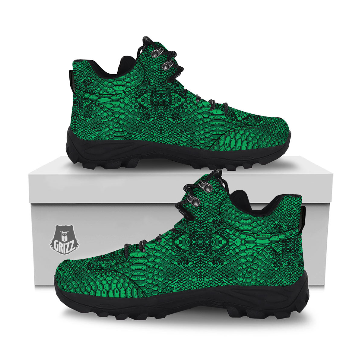 Snakeskin Black And Lime Green Print Hiking Shoes-grizzshop