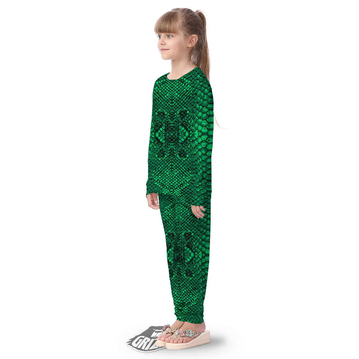 Snakeskin Black And Lime Green Print Kid's Pajamas-grizzshop