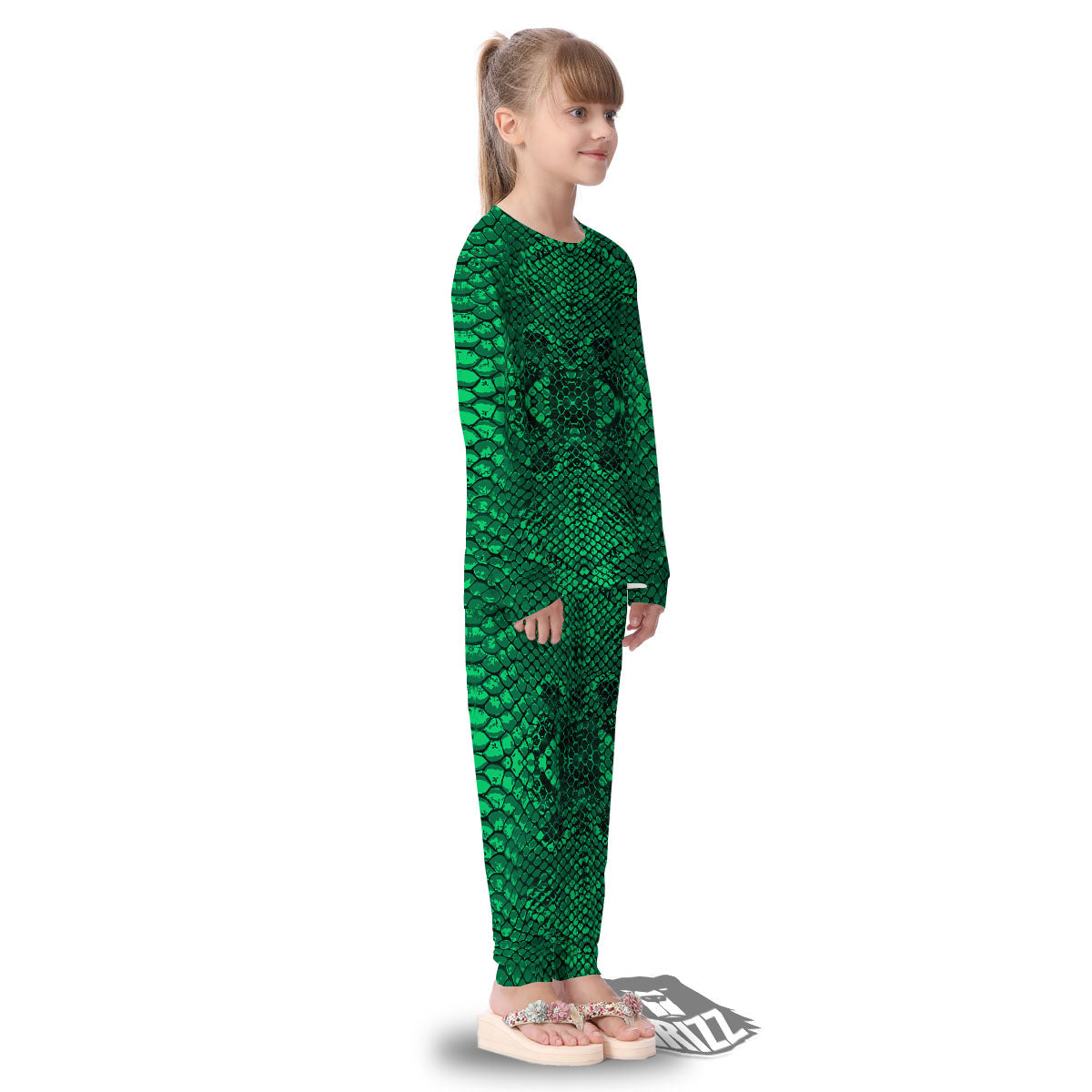 Snakeskin Black And Lime Green Print Kid's Pajamas-grizzshop