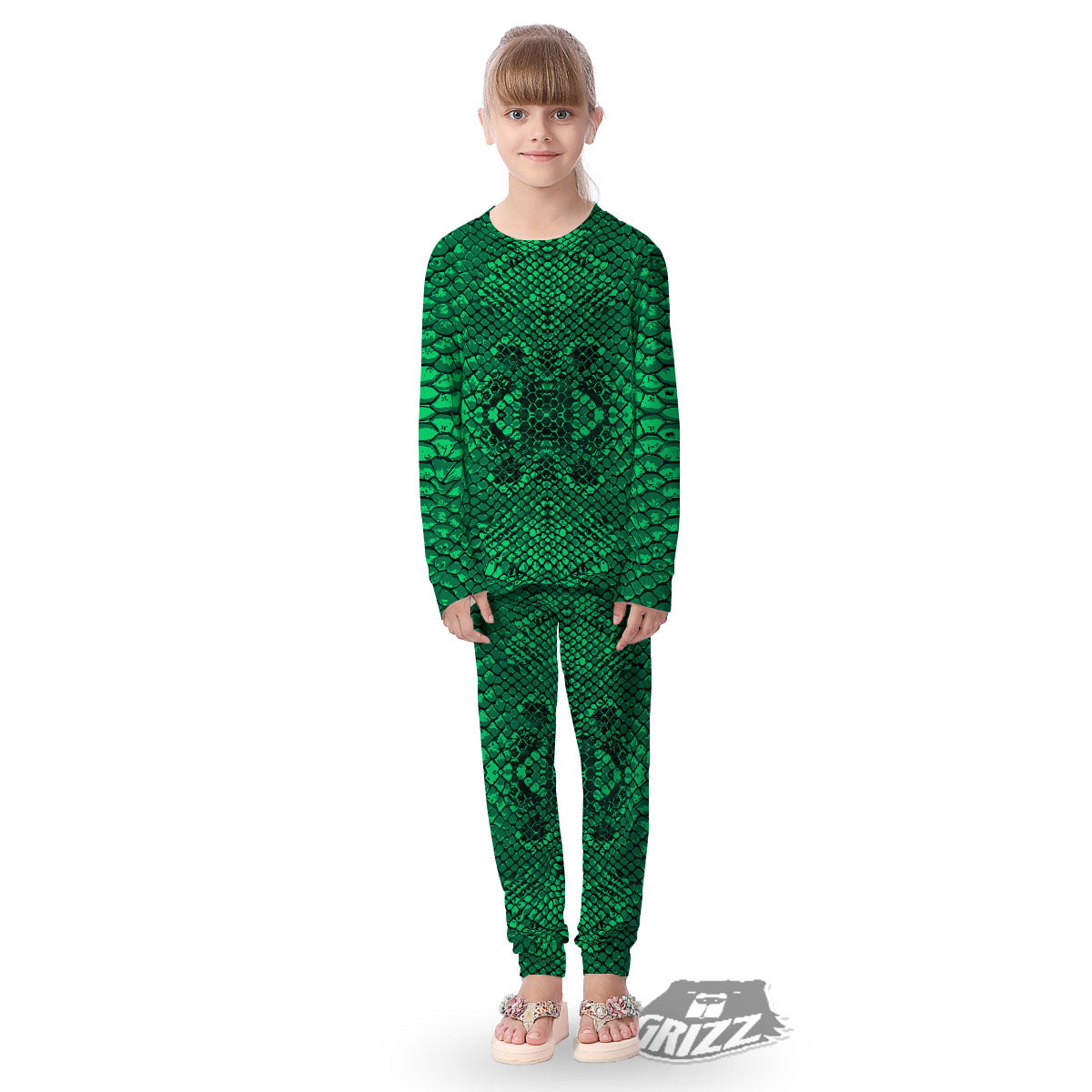 Snakeskin Black And Lime Green Print Kid's Pajamas-grizzshop