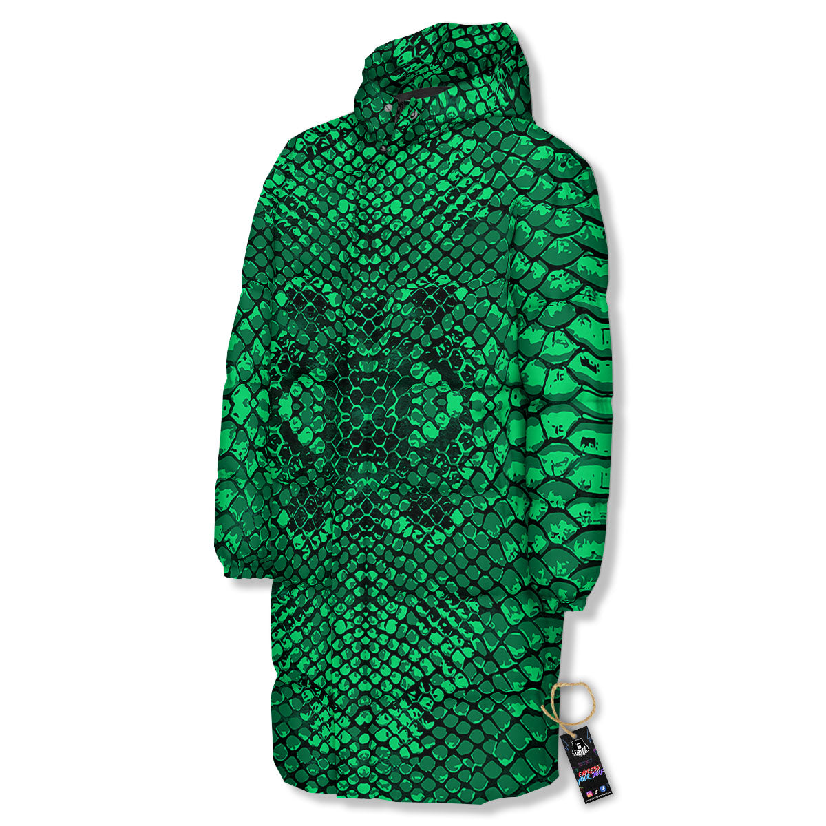 Snakeskin Black And Lime Green Print Long Down Jacket-grizzshop