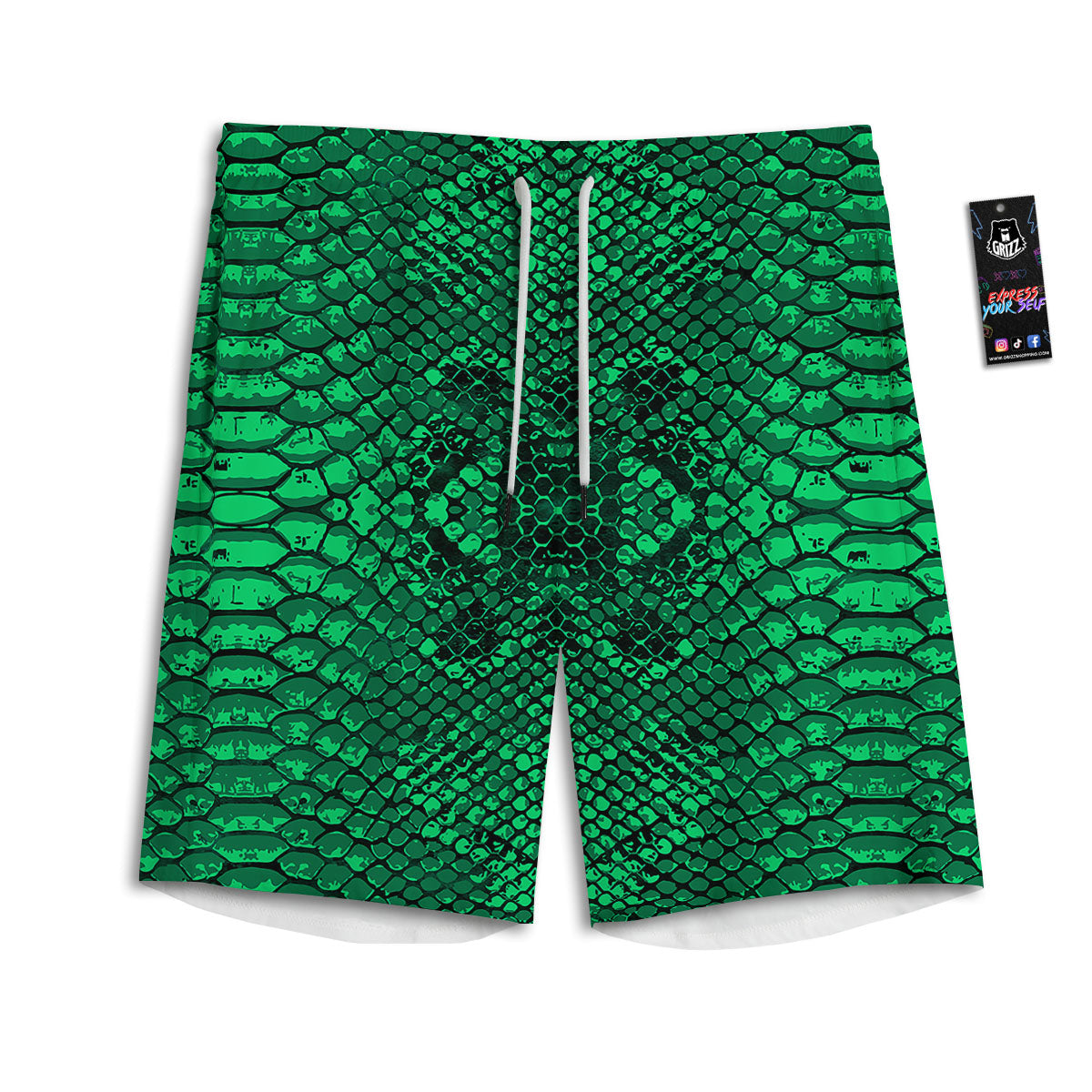 Snakeskin Black And Lime Green Print Men's Athletic Shorts