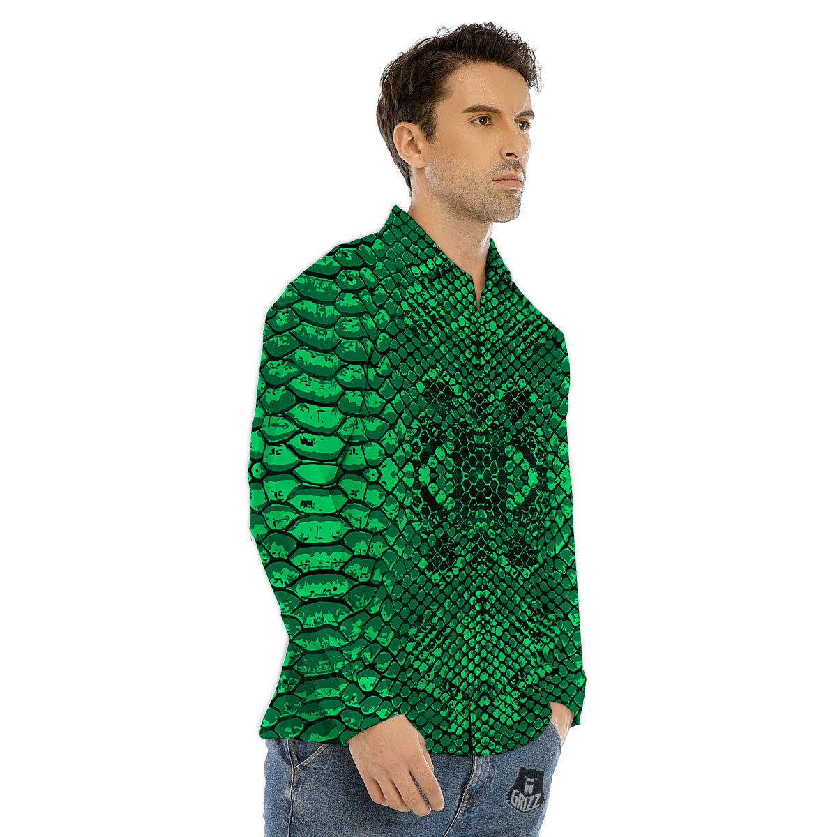 Snakeskin Black And Lime Green Print Men's Dress Shirts-grizzshop