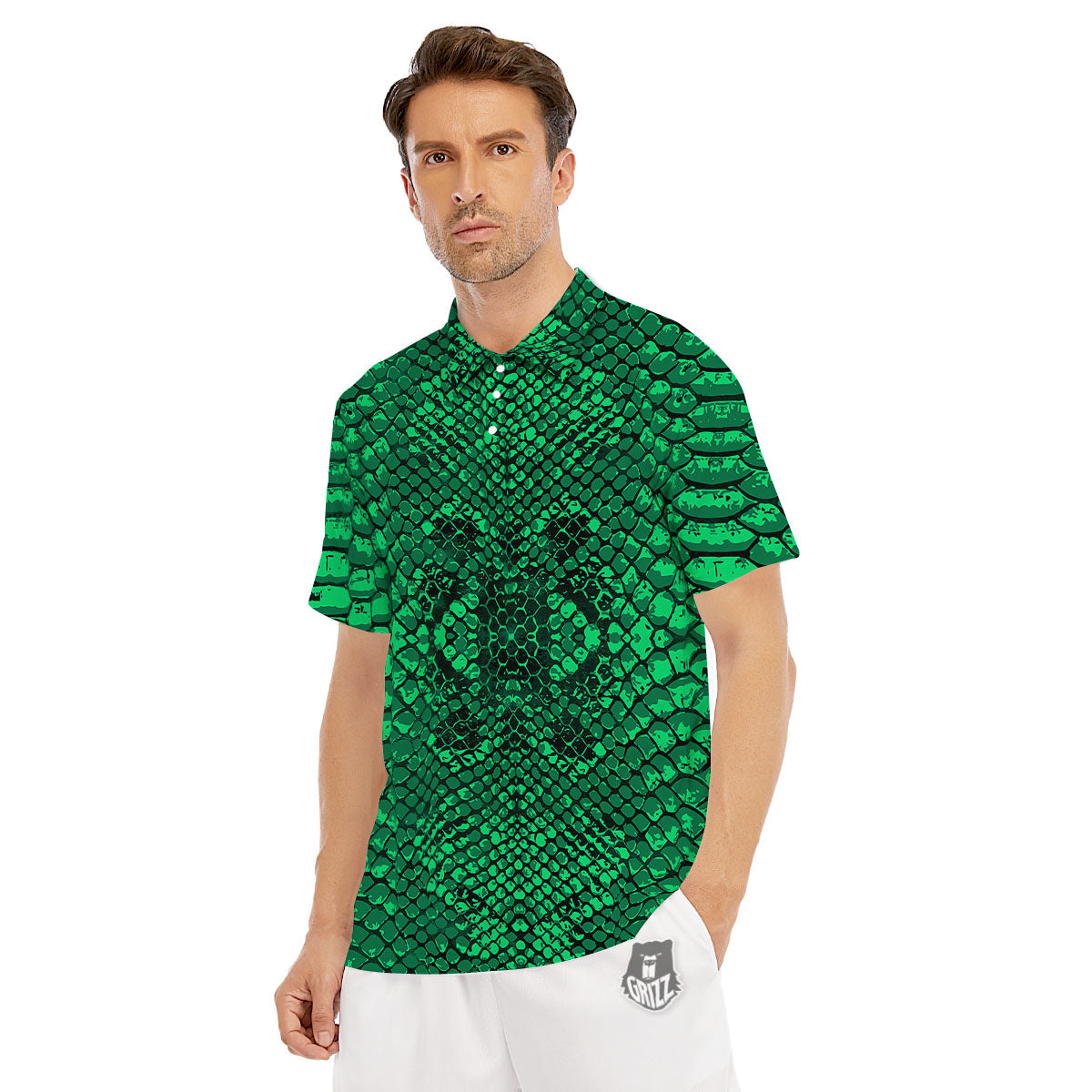 Snakeskin Black And Lime Green Print Men's Golf Shirts-grizzshop