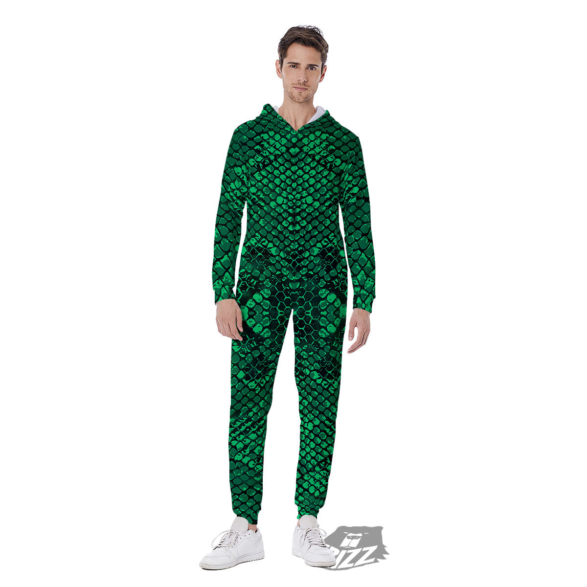 Snakeskin Black And Lime Green Print Men's Jumpsuit-grizzshop
