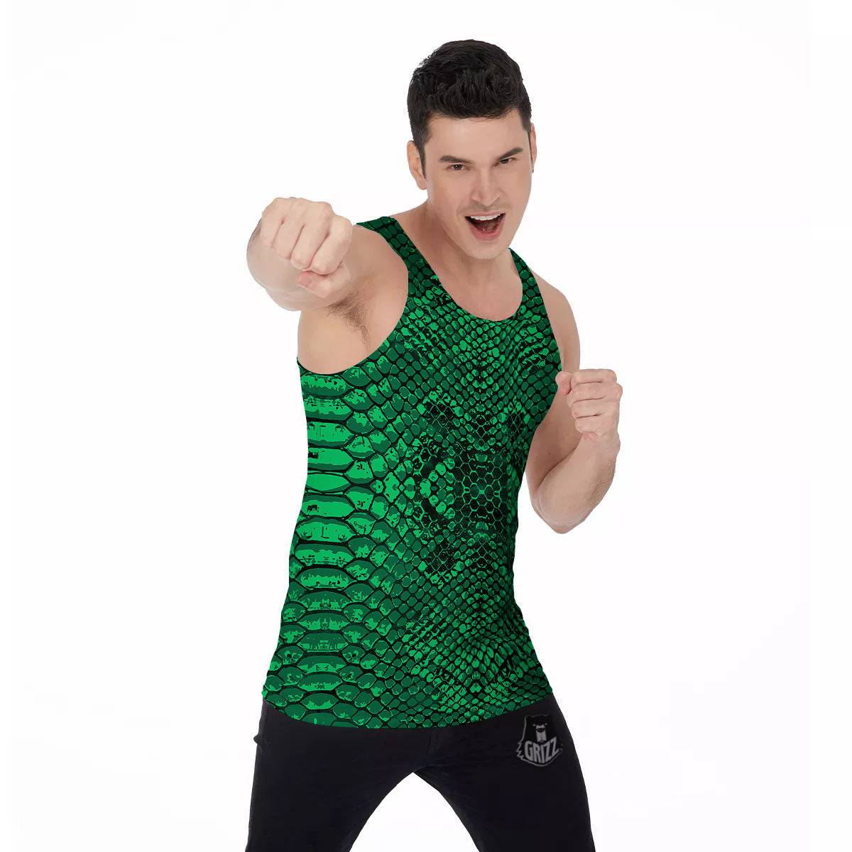 Snakeskin Black And Lime Green Print Men's Tank Top-grizzshop