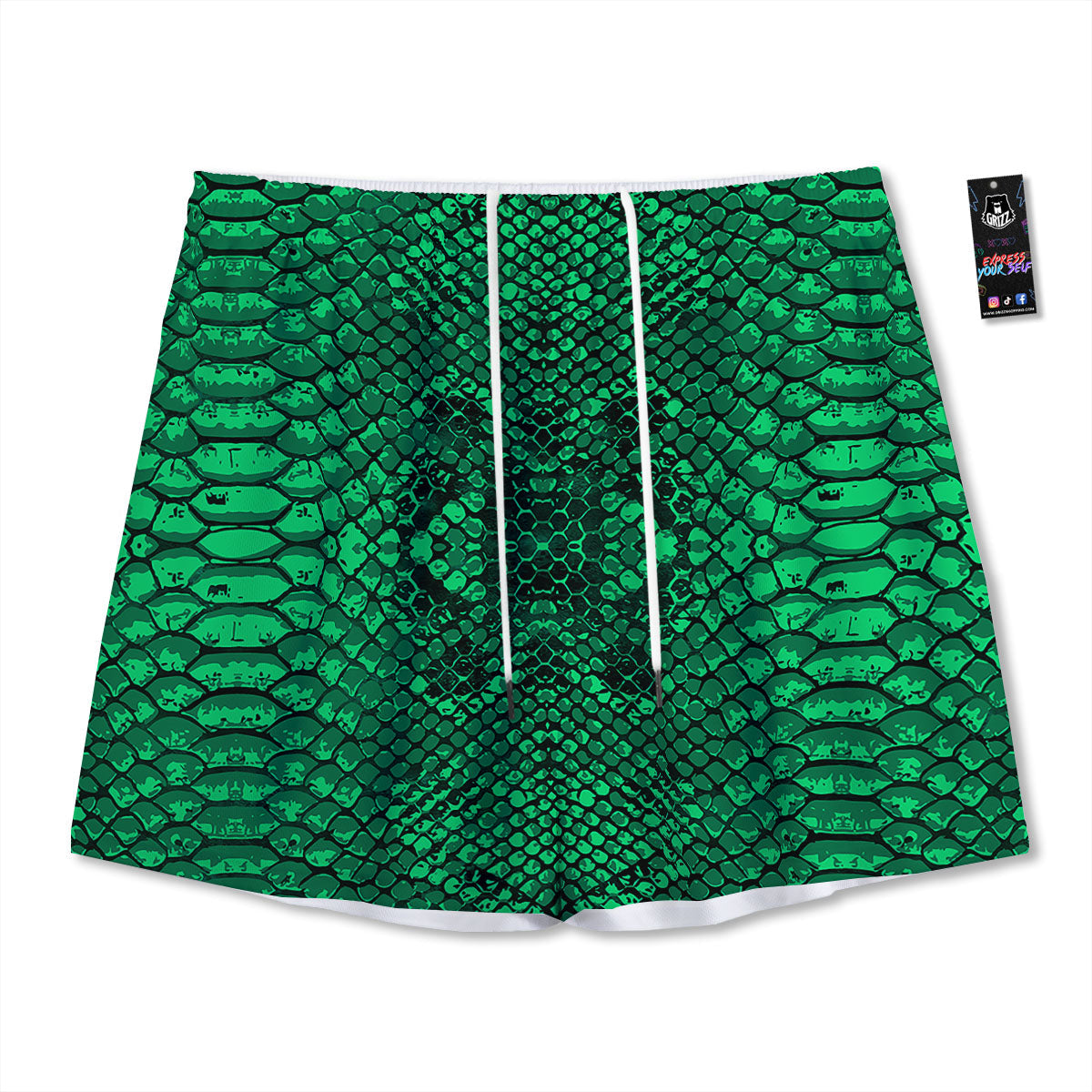 Snakeskin Black And Lime Green Print Mesh Shorts