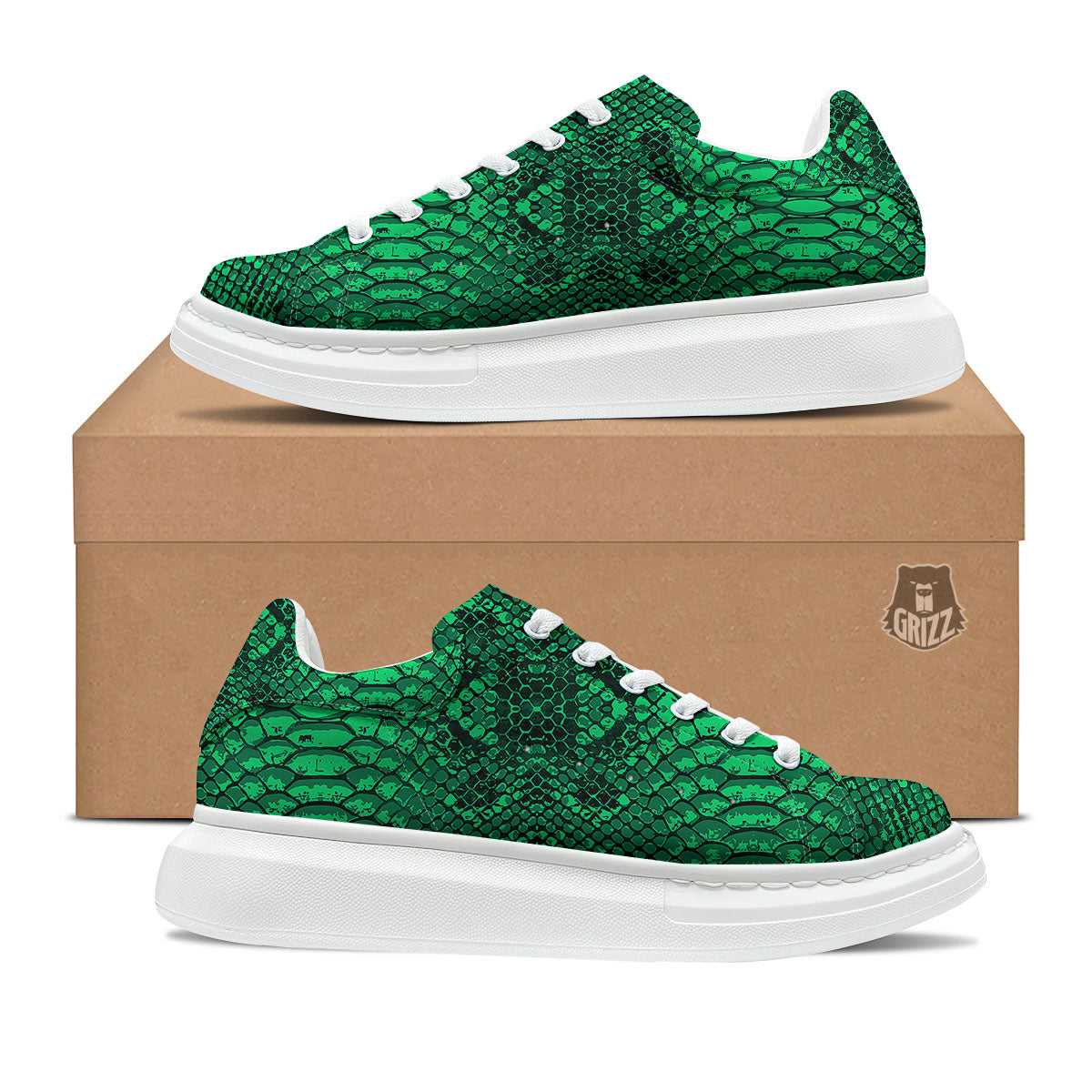 Snakeskin Black And Lime Green Print Platform Shoes-grizzshop