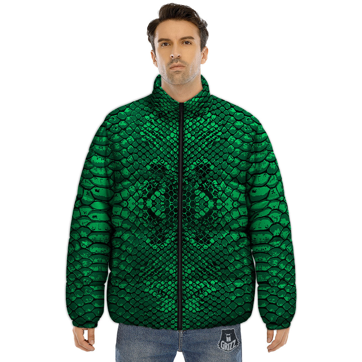 Snakeskin Black And Lime Green Print Puffer Jacket-grizzshop