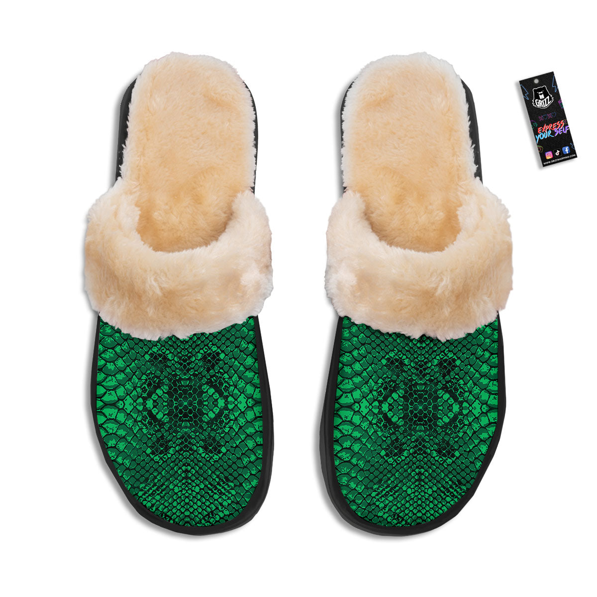 Snakeskin Black And Lime Green Print Slippers-grizzshop