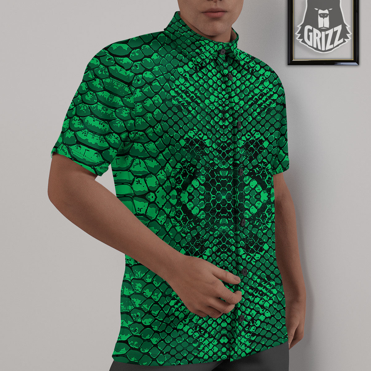Snakeskin Black And Lime Green Print Untucked Shirts-grizzshop