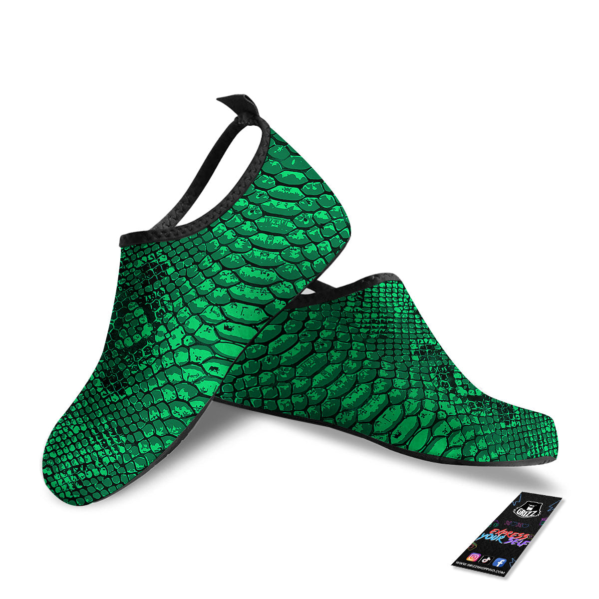 Snakeskin Black And Lime Green Print Water Shoes-grizzshop