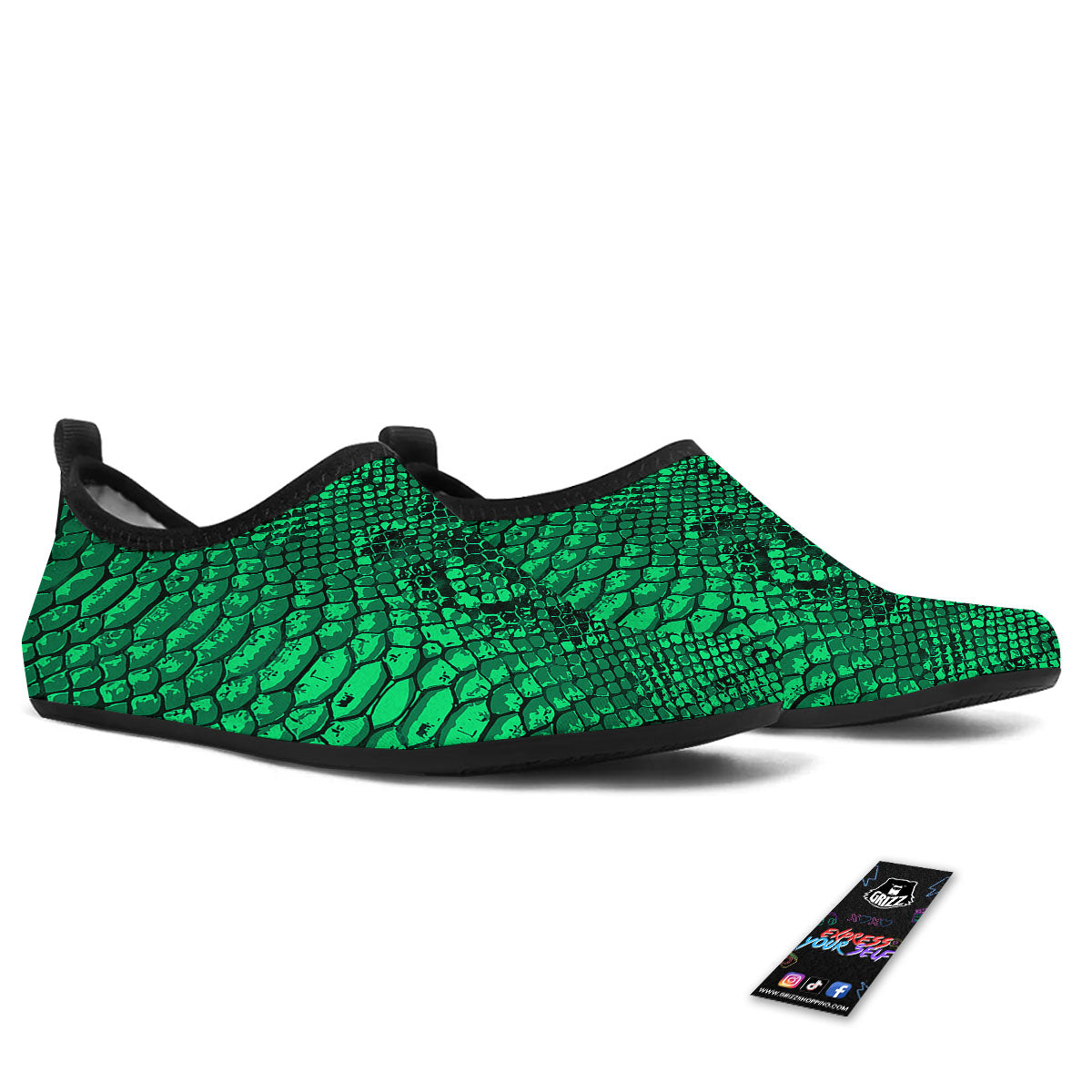Snakeskin Black And Lime Green Print Water Shoes-grizzshop