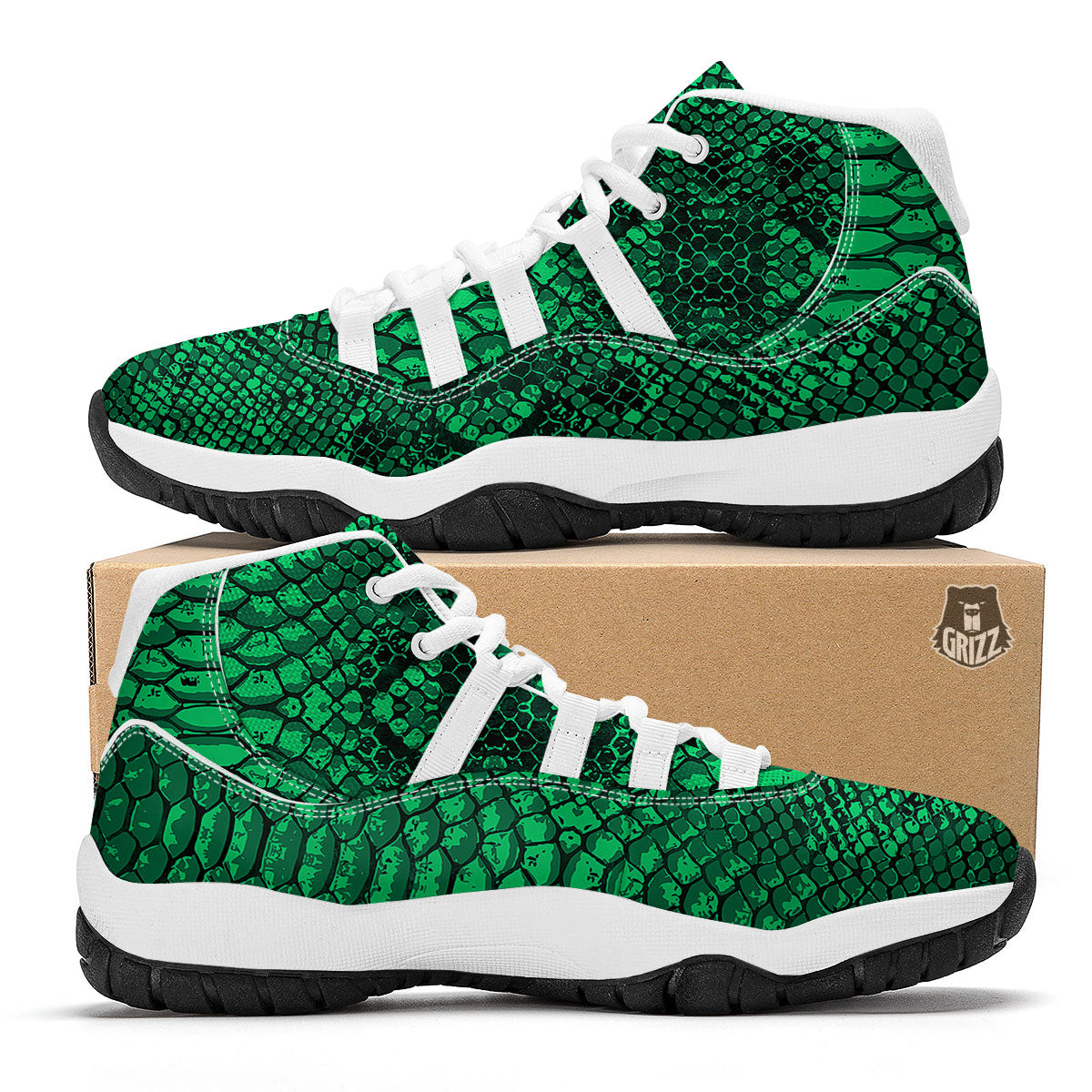 Snakeskin Black And Lime Green Print White Bball Shoes-grizzshop