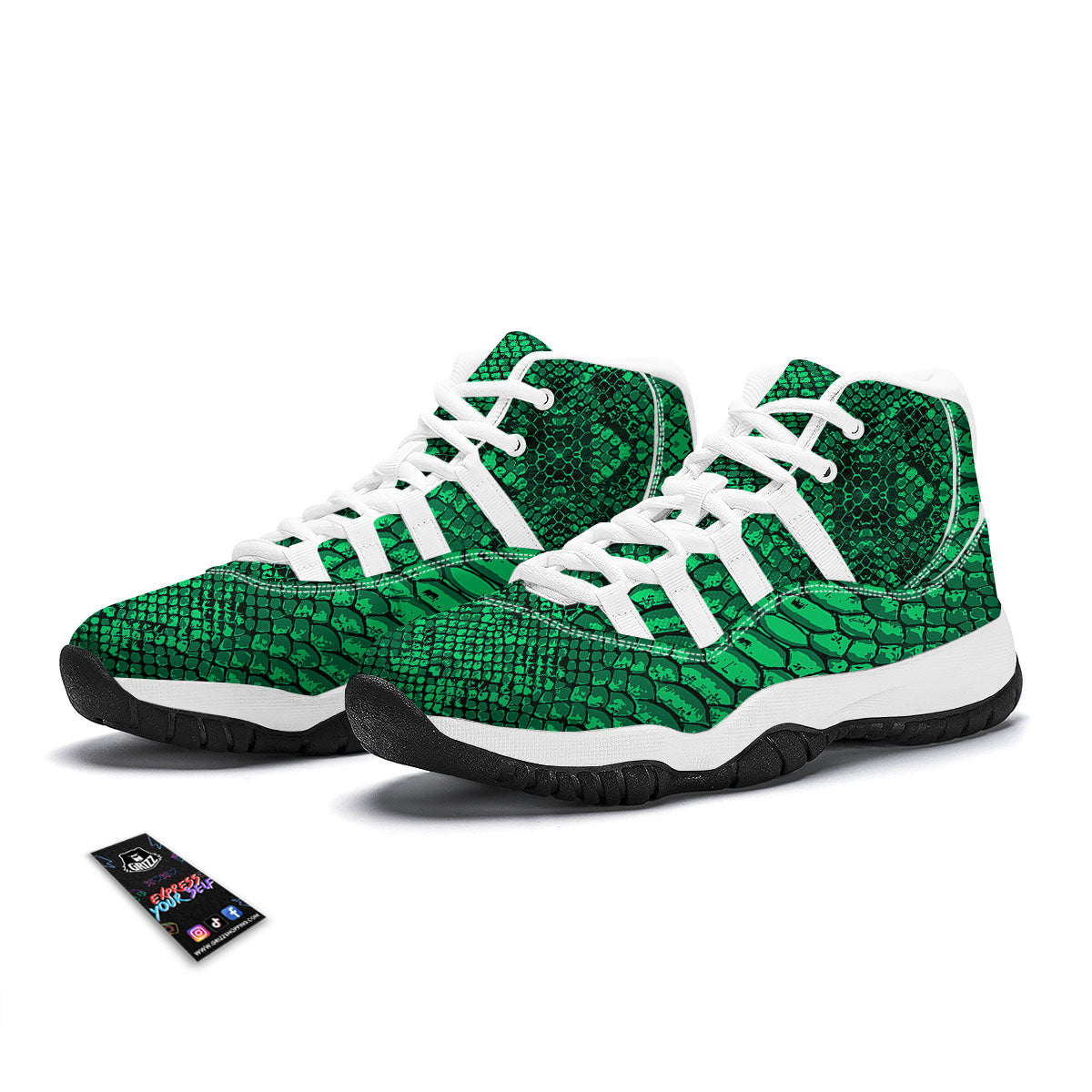Snakeskin Black And Lime Green Print White Bball Shoes-grizzshop