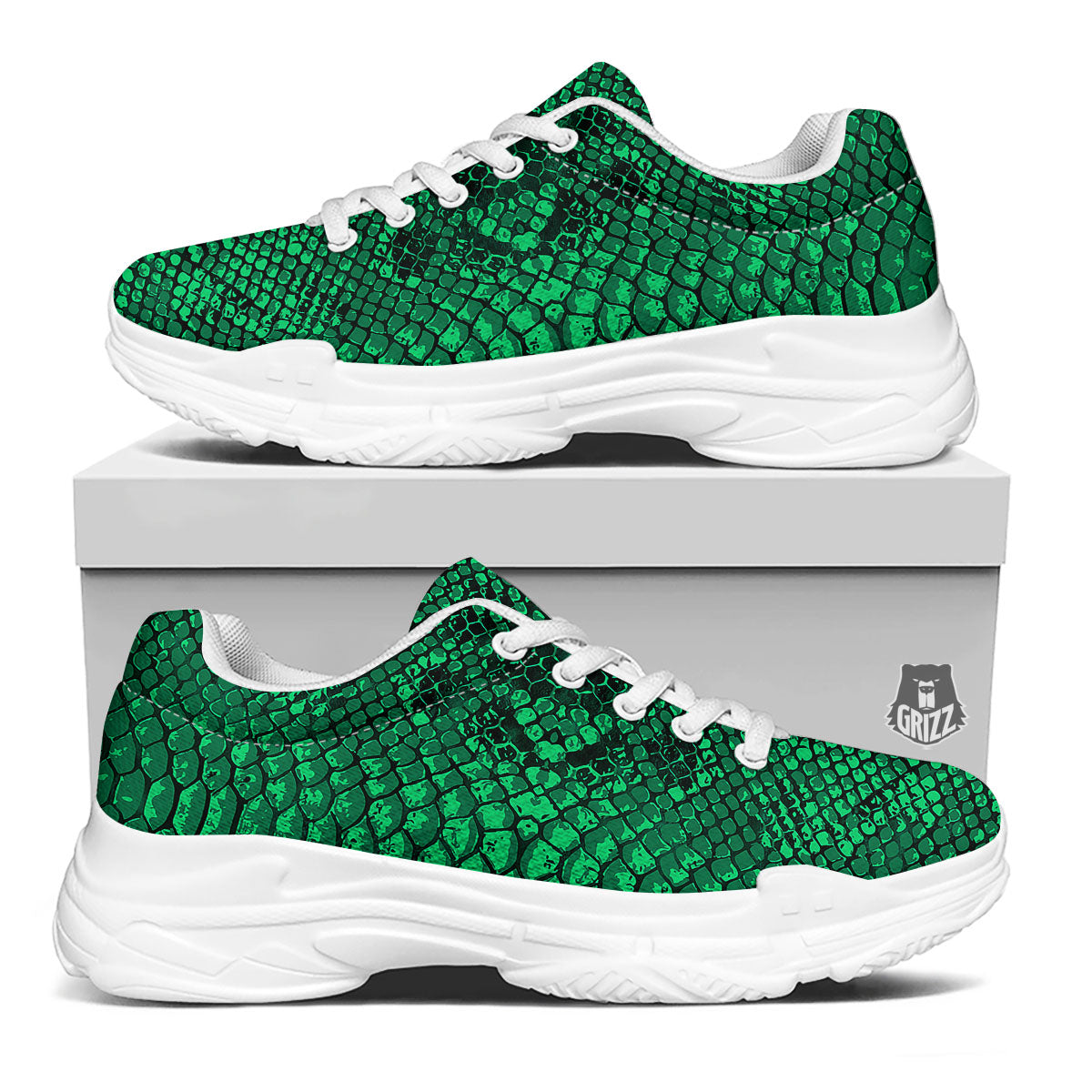 Snakeskin Black And Lime Green Print White Chunky Shoes-grizzshop