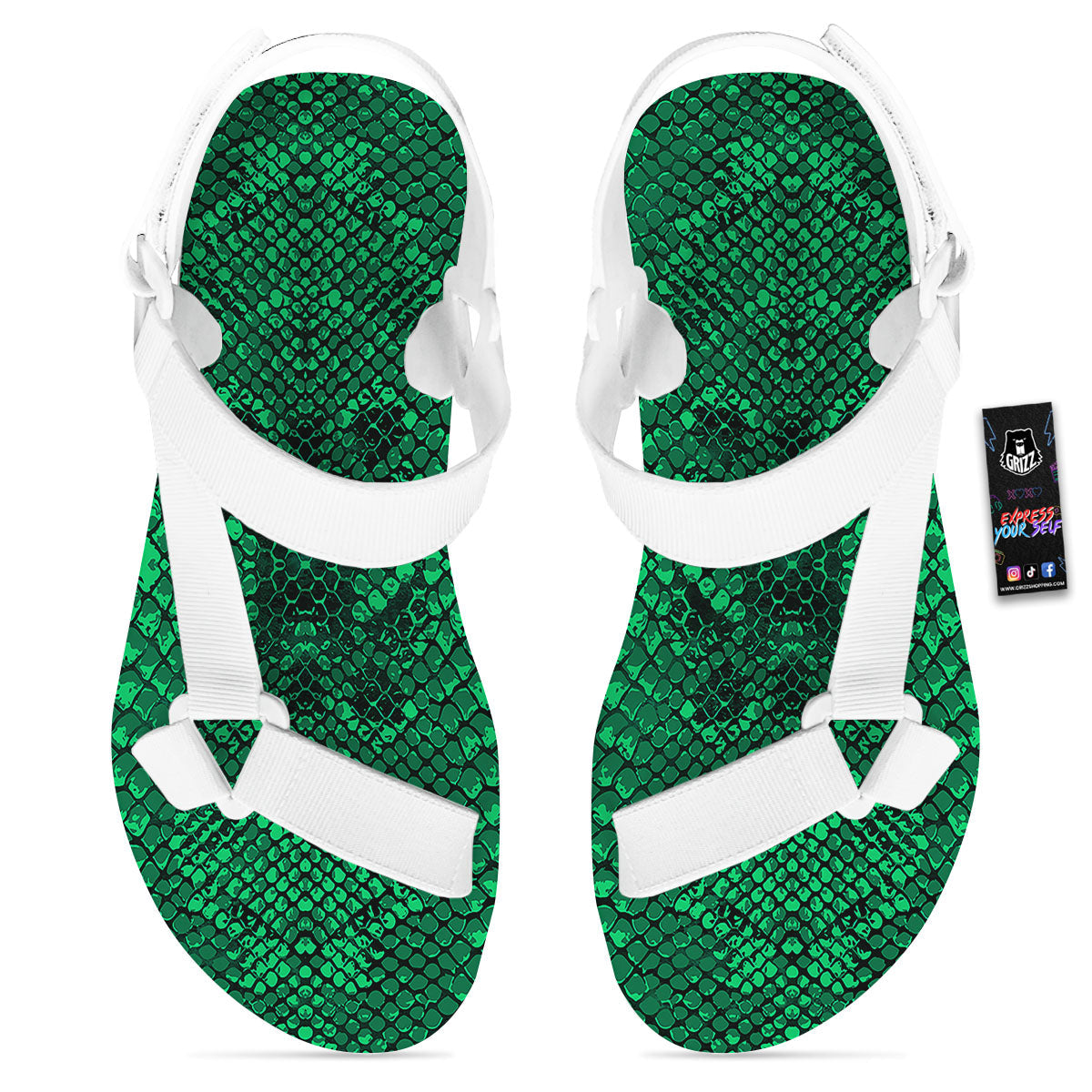Snakeskin Black And Lime Green Print White Open Toe Sandals-grizzshop