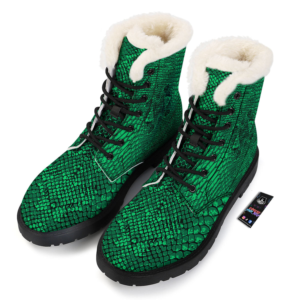 Snakeskin Black And Lime Green Print Winter Boots-grizzshop